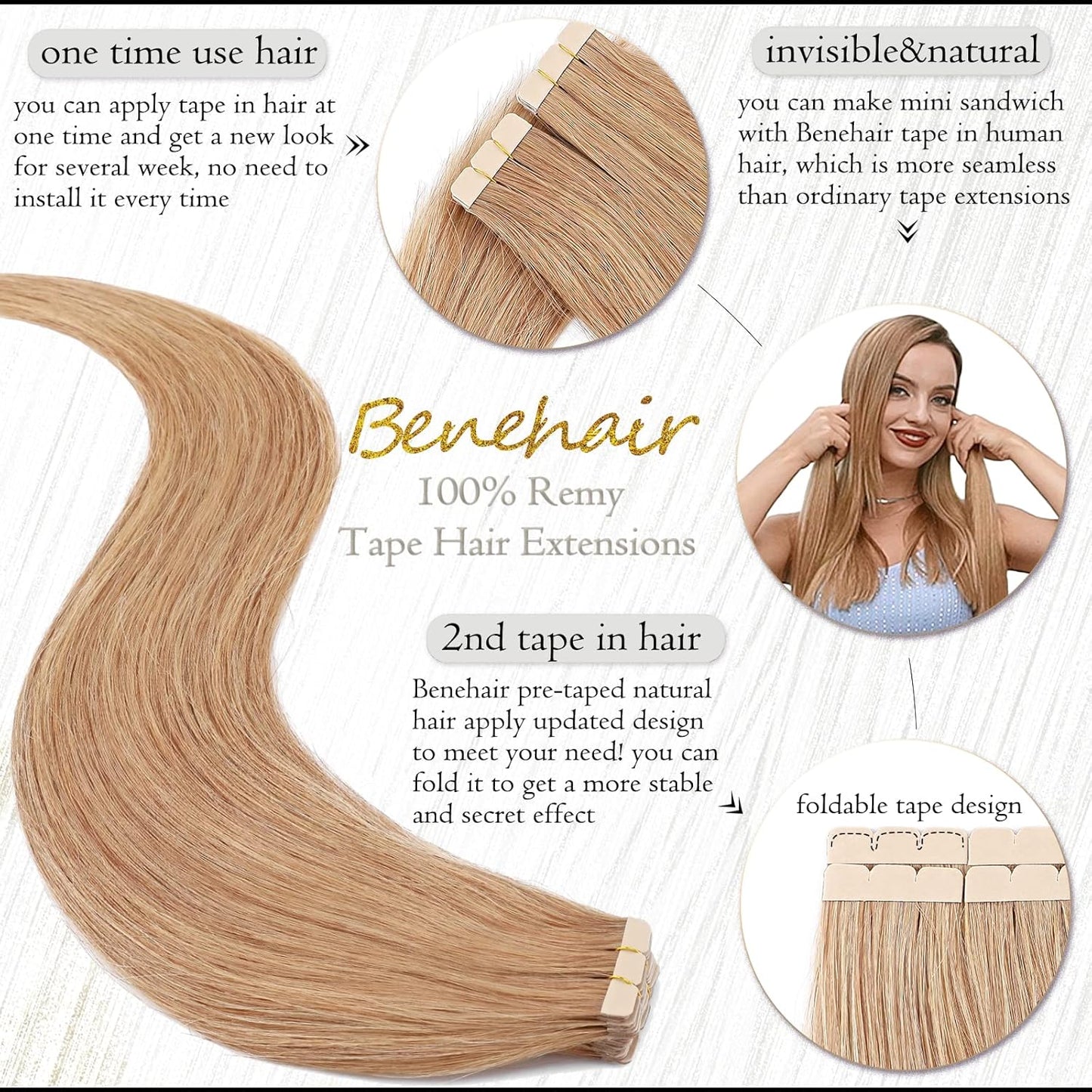 Tape-In Hair Extensions - 20pcs Human Hair Seamless Weft - #27 Dark Blonde, 16" Length