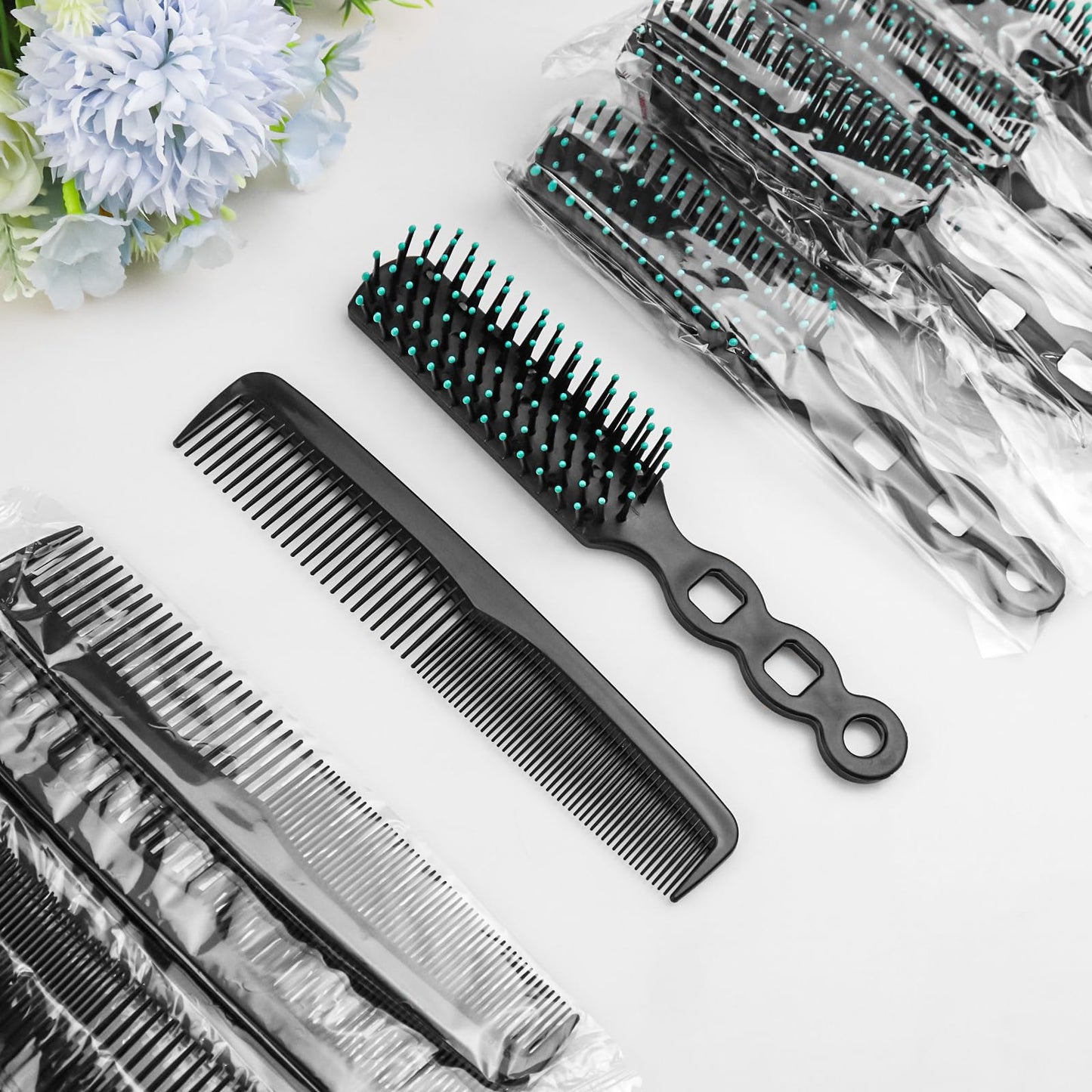 Gisdo 100 Pcs Hair Brush Combs Set in Bulk for Homeless Individually Wrapped, Bulk Hair Brushes 50 and 7 inch Hair Combs 50 for Women Kids Hotel Homeless Charity (Black)