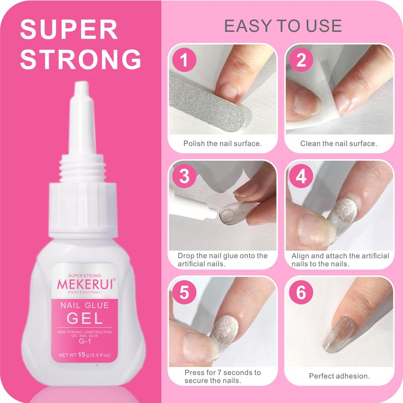 Mekerui Super Strong Nail Glue for press on nails resists dripping and clogging. It dries rapidly in 7 seconds sans UV light, offers long lasting 30+ days, is waterproof, and meets professional salon