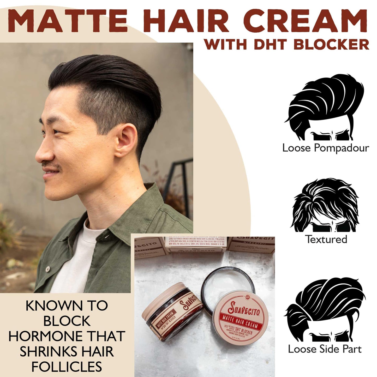 Suavecito Pomade Matte Hair Cream With DHT Blocker For Hair Regrowth - Low Shine Light Hold For Styling Thinning Hair To Look Thick & Full With Volume