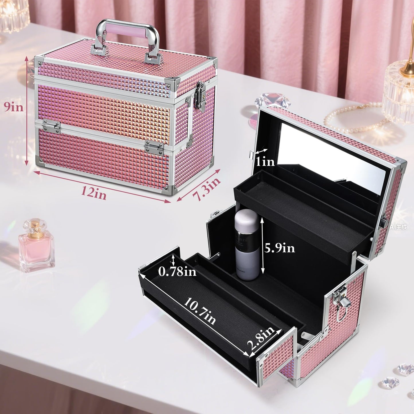 Joligrace Large Makeup Box Organizer, 12 Inch Makeup Train Case with Mirror, Cosmetic Travel Case with 3 Trays, Lockable Train Case for Makeup Artists & Nail Tech Supplies Pink