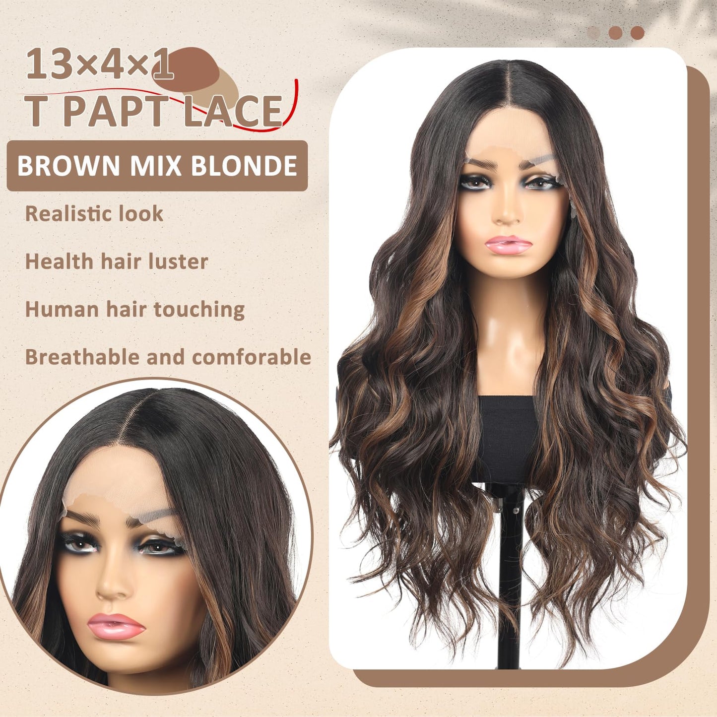 Rallarkrysset Highlight Lace Front Wig 13x4x1 Pre Plucked Ombre Brown Wigs for Women Ready to Wear HD Glueless Natural Long Wavy Wig for Women Middle Part Natural Look