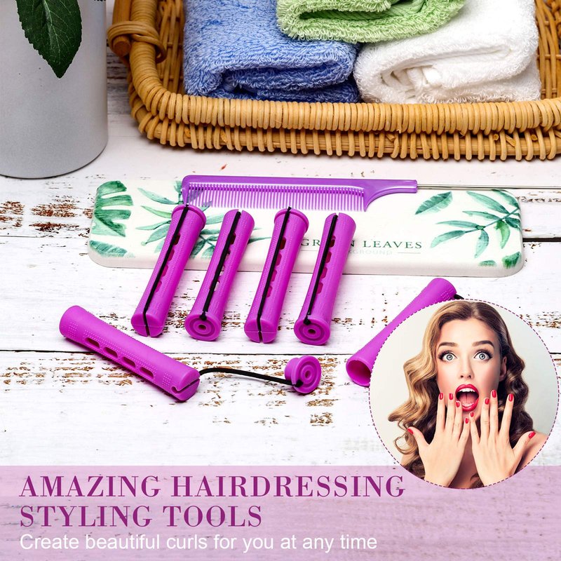Chuangdi 24 Pcs Hair Perm Rods Plastic Cold Wave Perming Curlers Hair Rollers with Steel Pintail Comb Rat Tail Comb Tools for Hairdressing Styling(Purple,0.75 Inches)