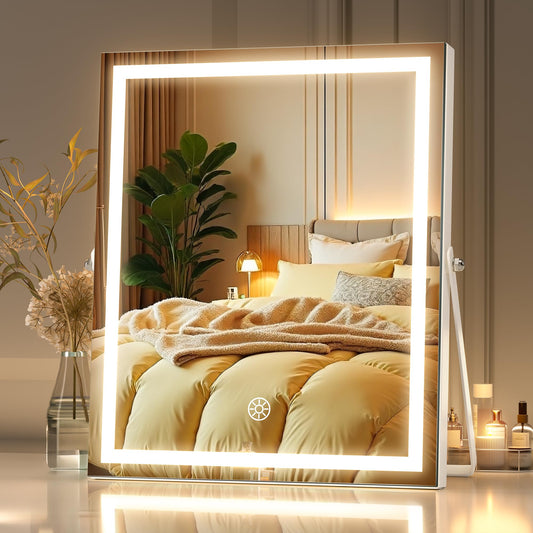 MINISO Vanity Mirror with Lights, 9.8" x 11.8" LED Makeup Mirror, Light & Brightness Adjustment, Smart Sensor, Aluminum Alloy Metal White Frame, with 5X Magnifying Glass