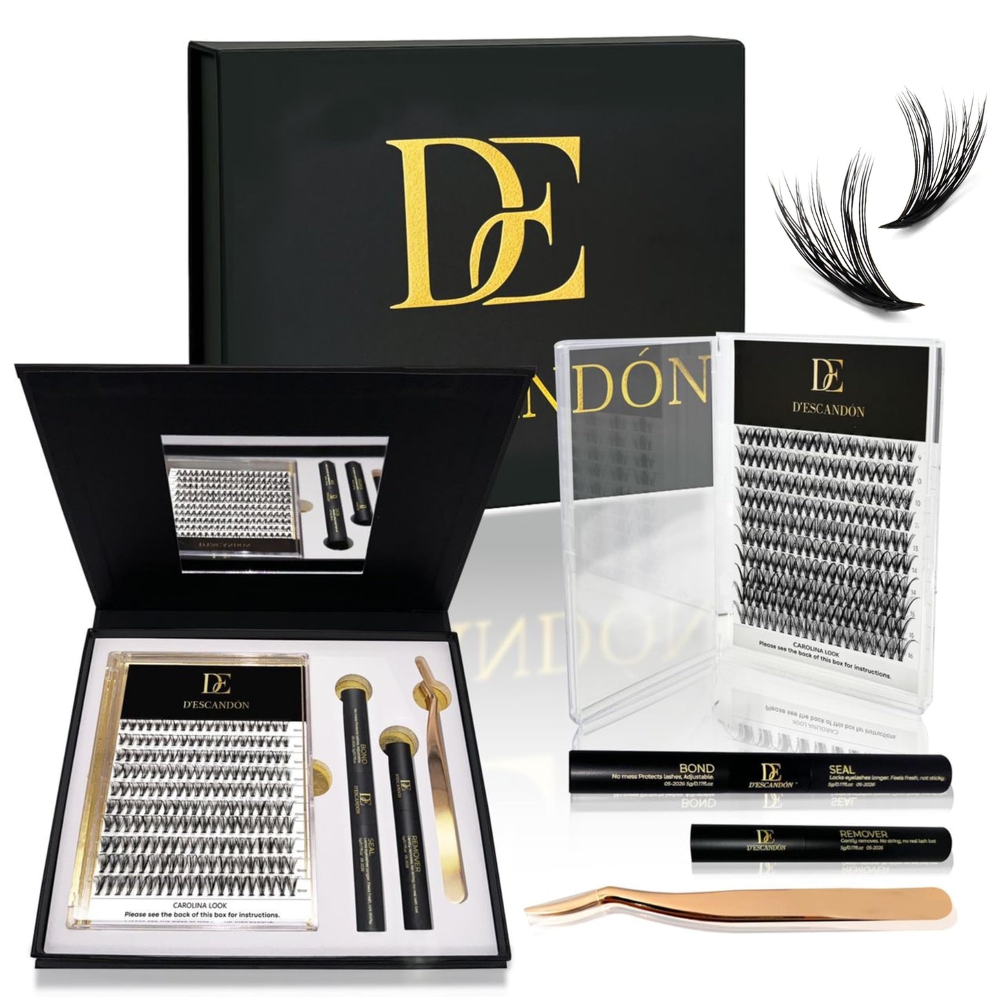 Cluster Lash Kit D’Escandón – Reusable Eyelashes Extension with Magnetic Tray, Applicator, Bond & Seal, Remover and Mirror