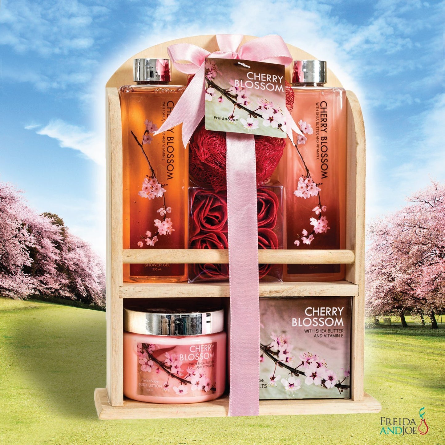 Deluxe Cherry Blossom Spa Basket | Home Spa Set with Bubble Bath, Bath Salts & Rose Soaps - Perfect Mother's Day Gift for Mom