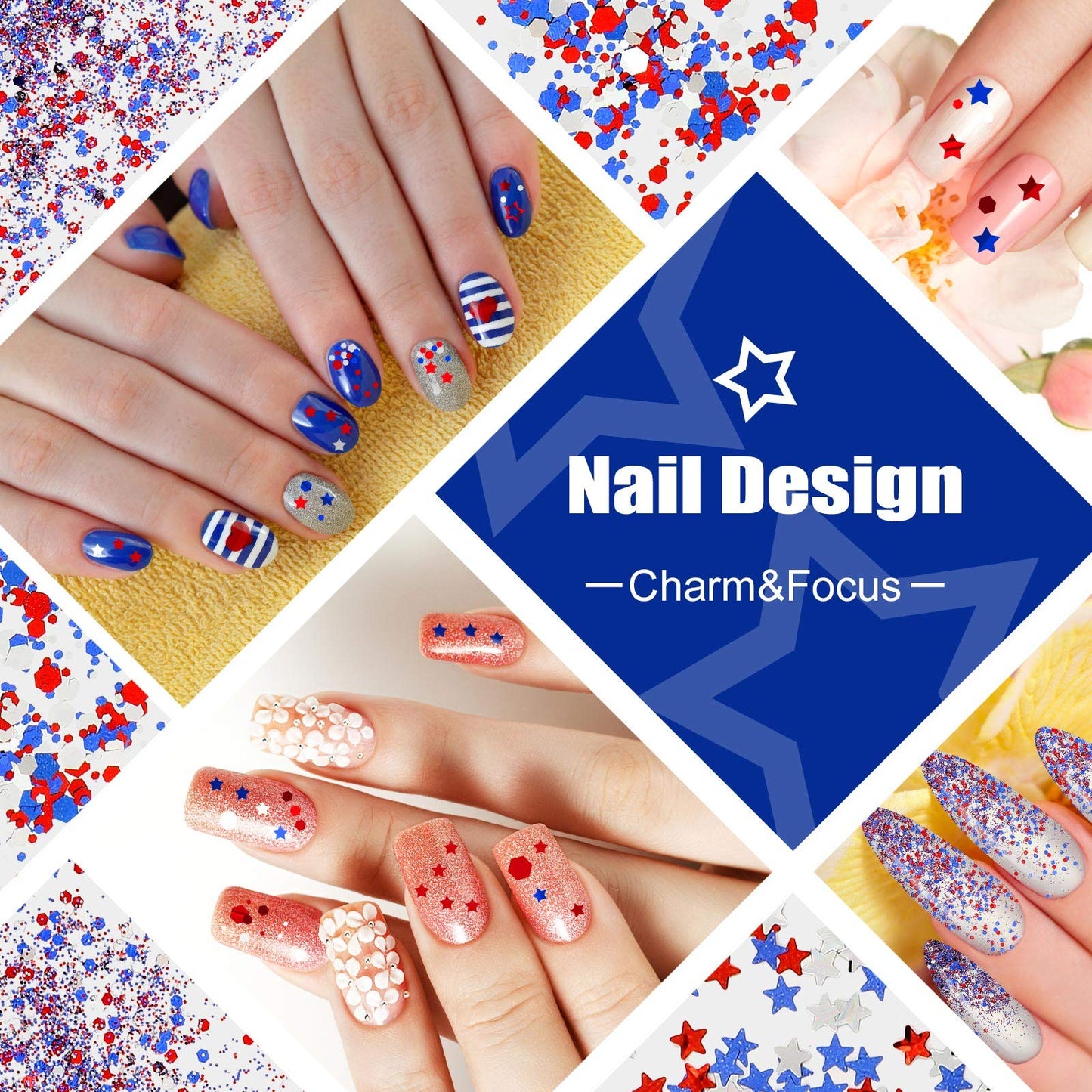 12 Boxes 4th of July Nail Glitter Independence Day 250th Anniversary Patriotic Nail Art Star Sequins Holographic Red Blue Silver Mixed Sparkly Sequins for Women Girls Decoration