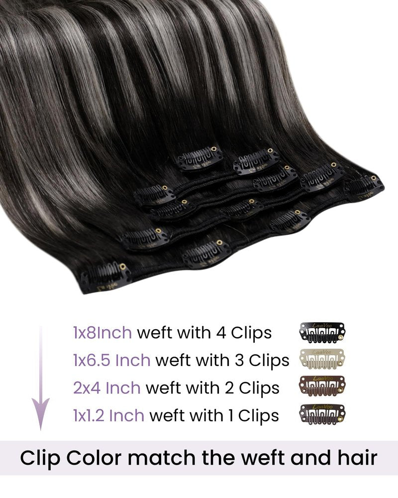 LaaVoo Human Hair Clip in Ombre Off Black to Silver Grey Hair Extensions Clip ins Black Balayage Clip in Hair Extensions Real Human Hair Short Silky Straight 12 Inch 5pcs/80g