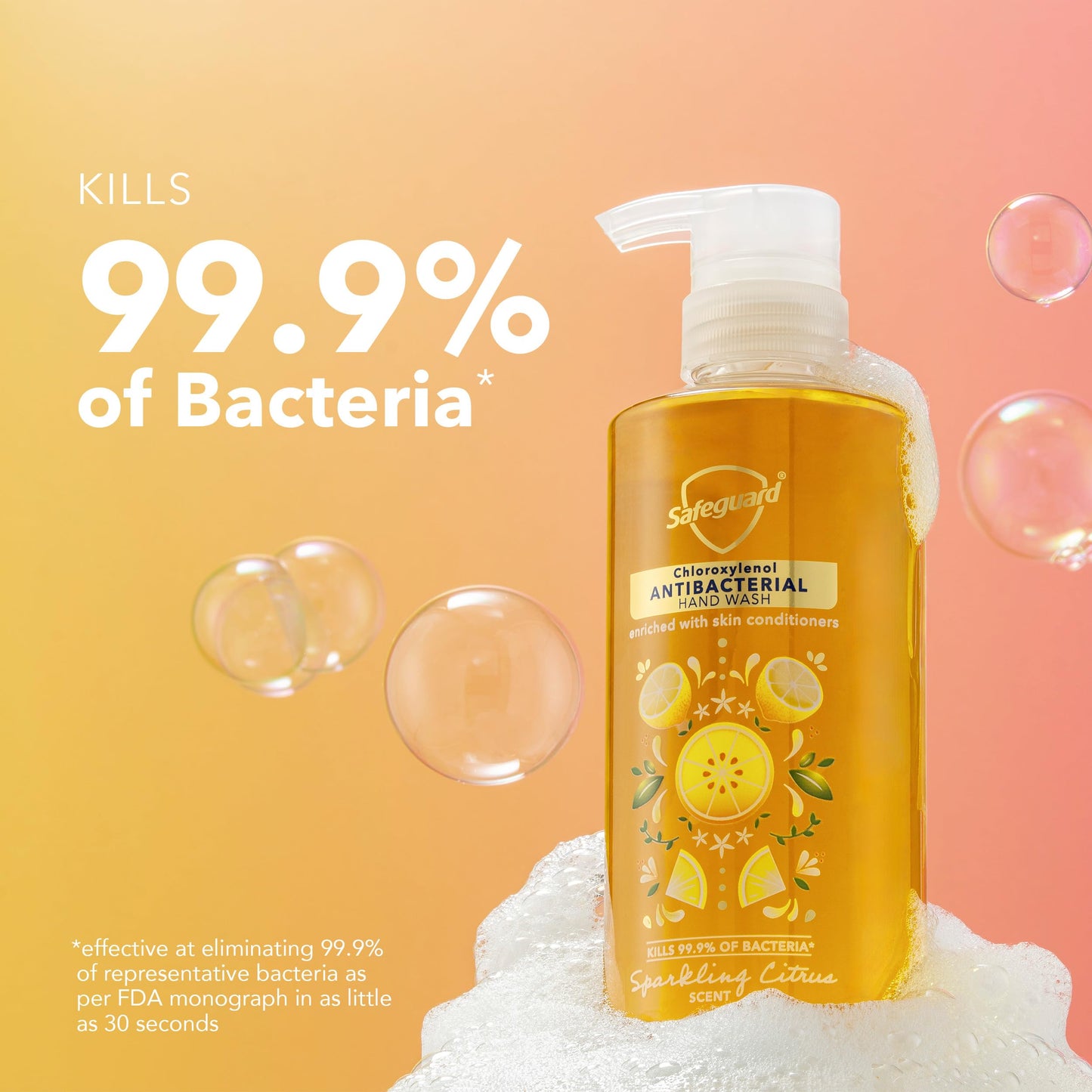 Safeguard Antibacterial Liquid Hand Soap, Micellar Deep Cleansing, Washes Away 99% Bacteria, Made with Natural Moisturizers & Skin Conditioners, PH Balanced, Sparkling Citrus Scent 15.5 oz (Pack of 4)
