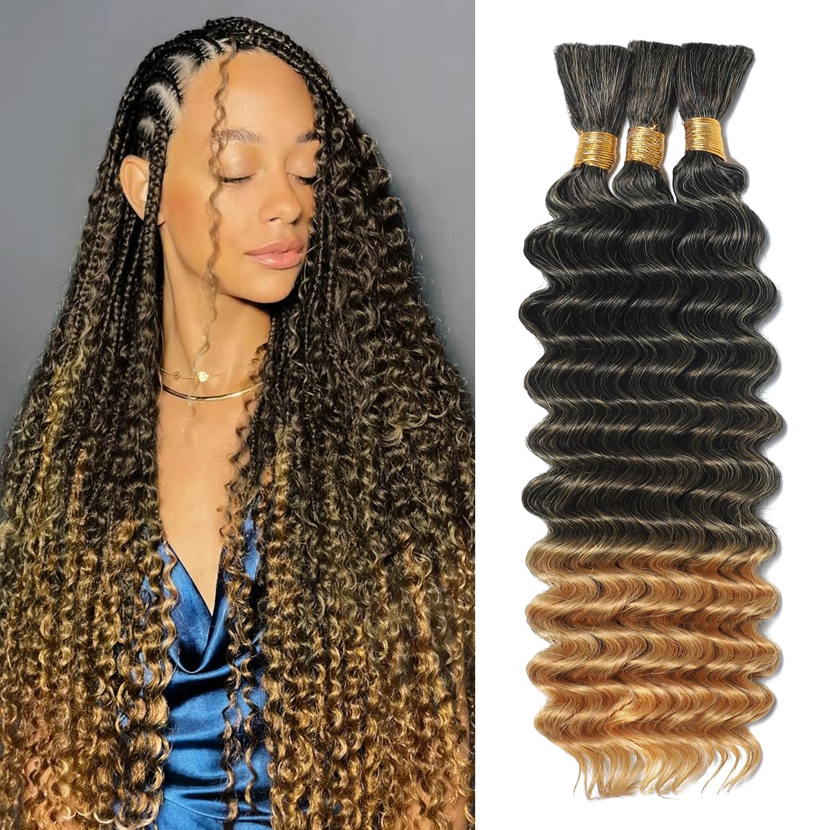 Human Braiding Hair for Boho Braids 18 Inch 120g Deep Wave Bulk Boho Human Hair for Braiding Curly Knotless Bohemian Braids 12A 100% Brazilian Virgin No Weft Extensions 3 Bundles/Pack Natural Black 1B