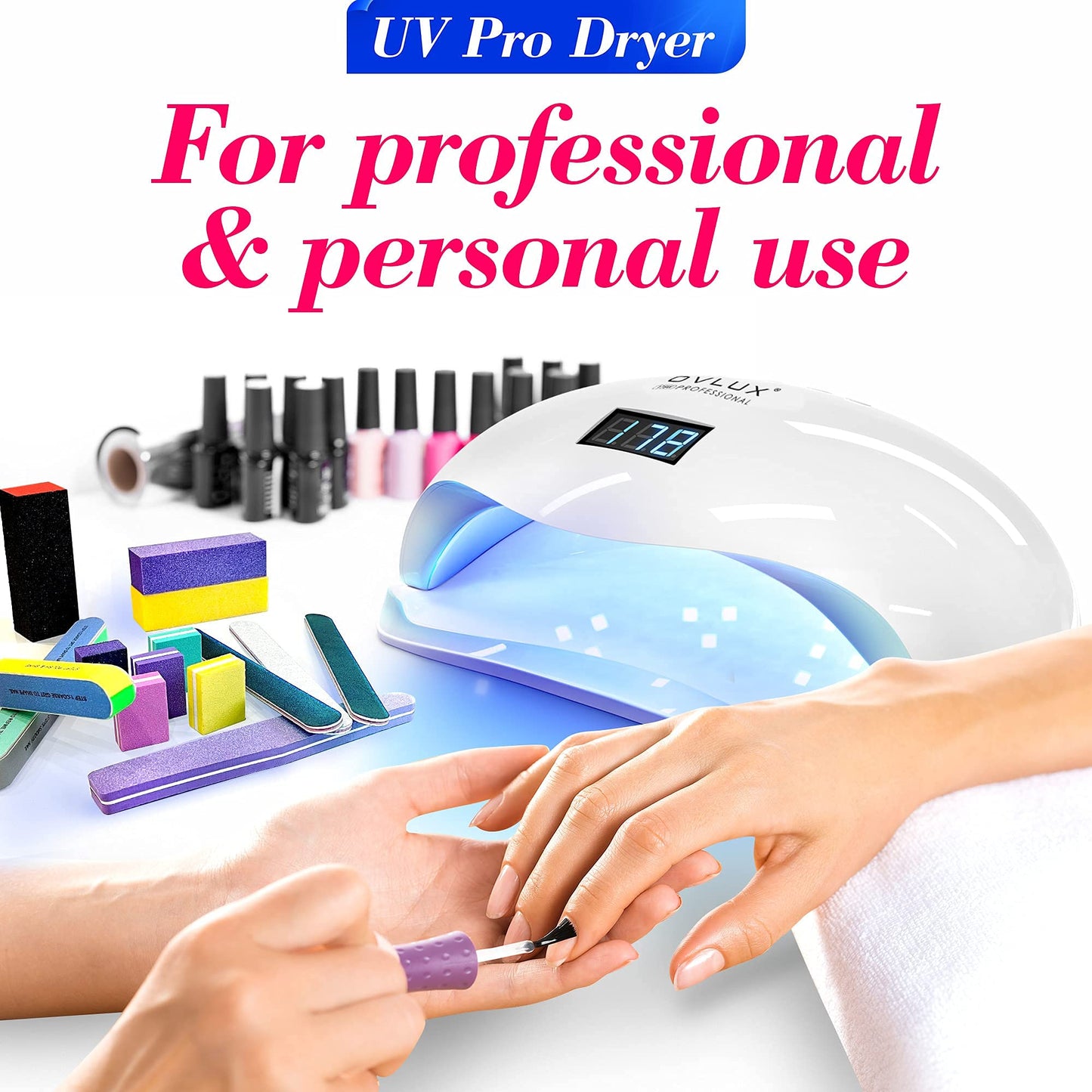 OVLUX 180W UV LED Nail Lamp Professional – Fast Gel Nail Dryer with 57 LEDs, LCD Countdown, Auto Sensor & Low Heat Mode, UV Light for Gel Nails, Salon & Home, Nail Buffer & File Set