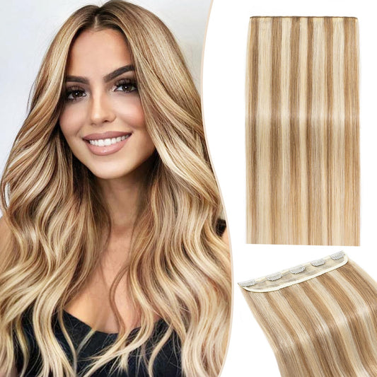 SEGO One Piece Clip in Extensions, 5 Clips Real Human Hair Extensions, Long Straight, 10 inches, #18P613 Ash Blonde Mix Bleach Blonde