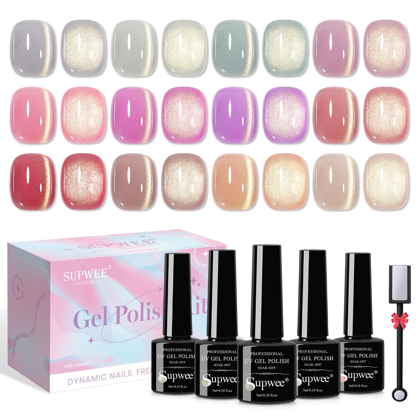 SUPWEE Cat Eye Gel Nail Polish Set,12 Colors Gold Glitter Holographic CatEye Gel Polish with Magnetic Stick,Sliver Brown Pink Red Cat Eye Soak Off UV DIY Home Salon Manicure