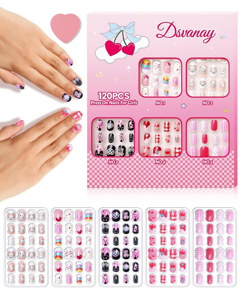 Press On Nails for Kids - 120PCS Glitter Nail Kit | Reusable Full Cover Designs for Ages 8-12