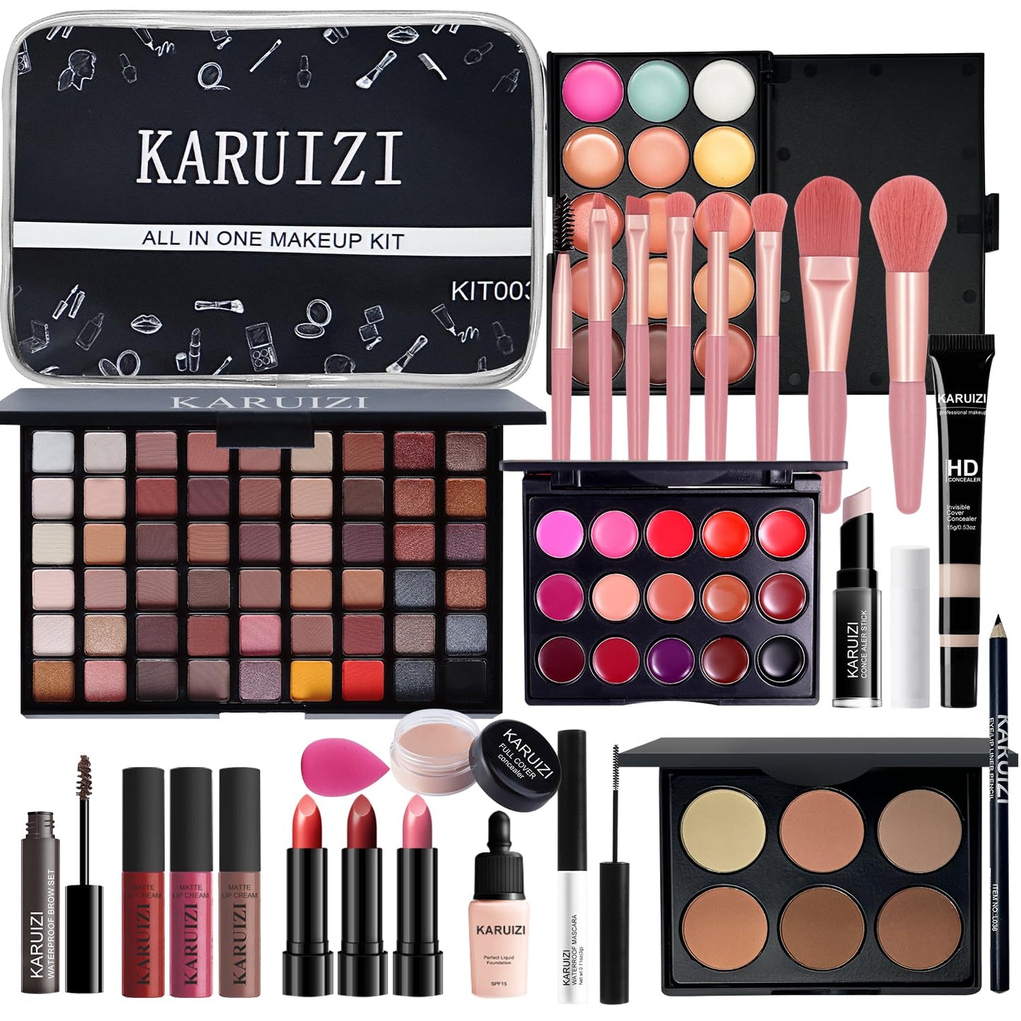 KARUIZI Makeup Kit All-in-one Makeup Gift Set for Women Full Kit, Eyeshadow Palette, Lip Gloss Set, Lipstick, Blush, Foundation, Concealer, Mascara, Eyebrow Pencil,Include Brush Set(KIT019)