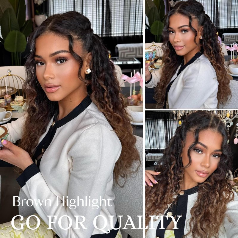 ALHER 12A Ombre Human Hair Bundles Water Wave, Soft Thick Chestnut Brown Ombre Single Curly Bundle Wet and Wavy 100% Virgin Remy Human Hair for Black Women #T1B/2/30 Dark Roots Auburn Sew In 14 Inch