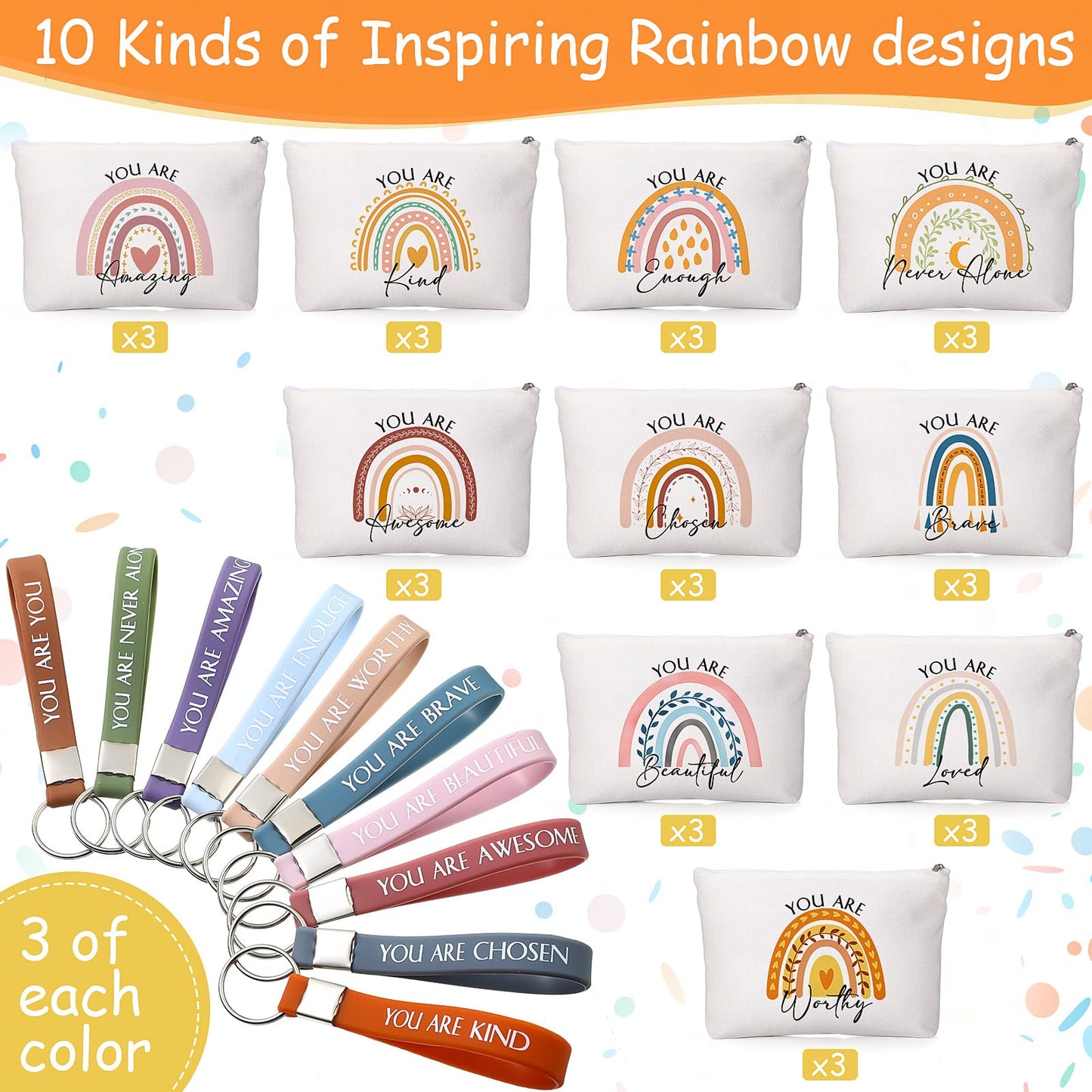 Fumete 60 Pcs Back to School Gift Bulk 30 Inspirational Rainbow Canvas Makeup Bag 30 Motivational Keychain Thank You Gift for Women Men Volunteer Nurse Teacher Appreciation Gifts