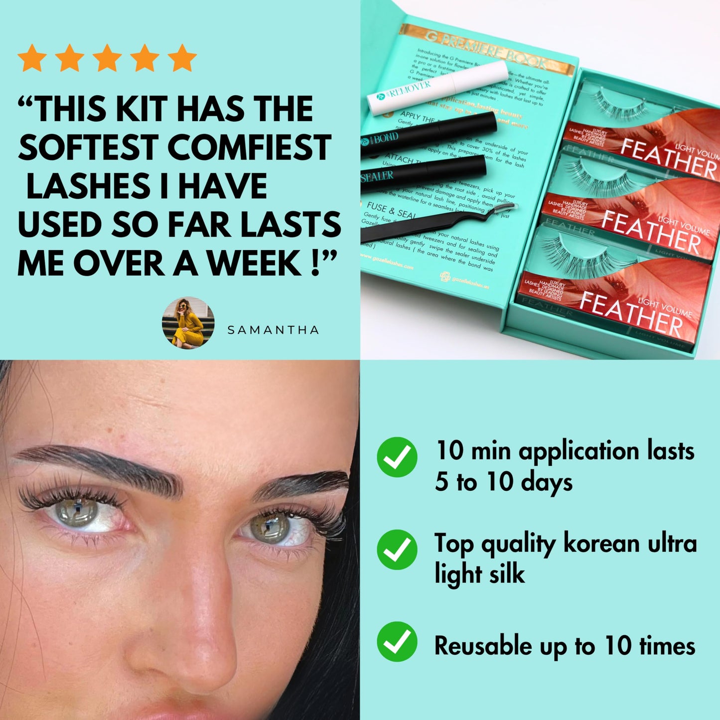 GAZELLE Lash Cluster Kit with Bond, Sealer, Remover & Tweezer – 3-Pack DIY Eyelash Extensions (10-12-14mm) – Wispy Korean PBT Lashes, Reusable, Salon-Style at Home, Lasts 10 Days, 30 Lashes