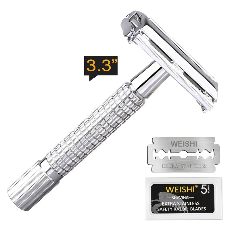 **WEISHI Butterfly Double Edge Safety Razor - Chrome Short Handle with 5 Stainless Blades for a Smooth Wet Shave**