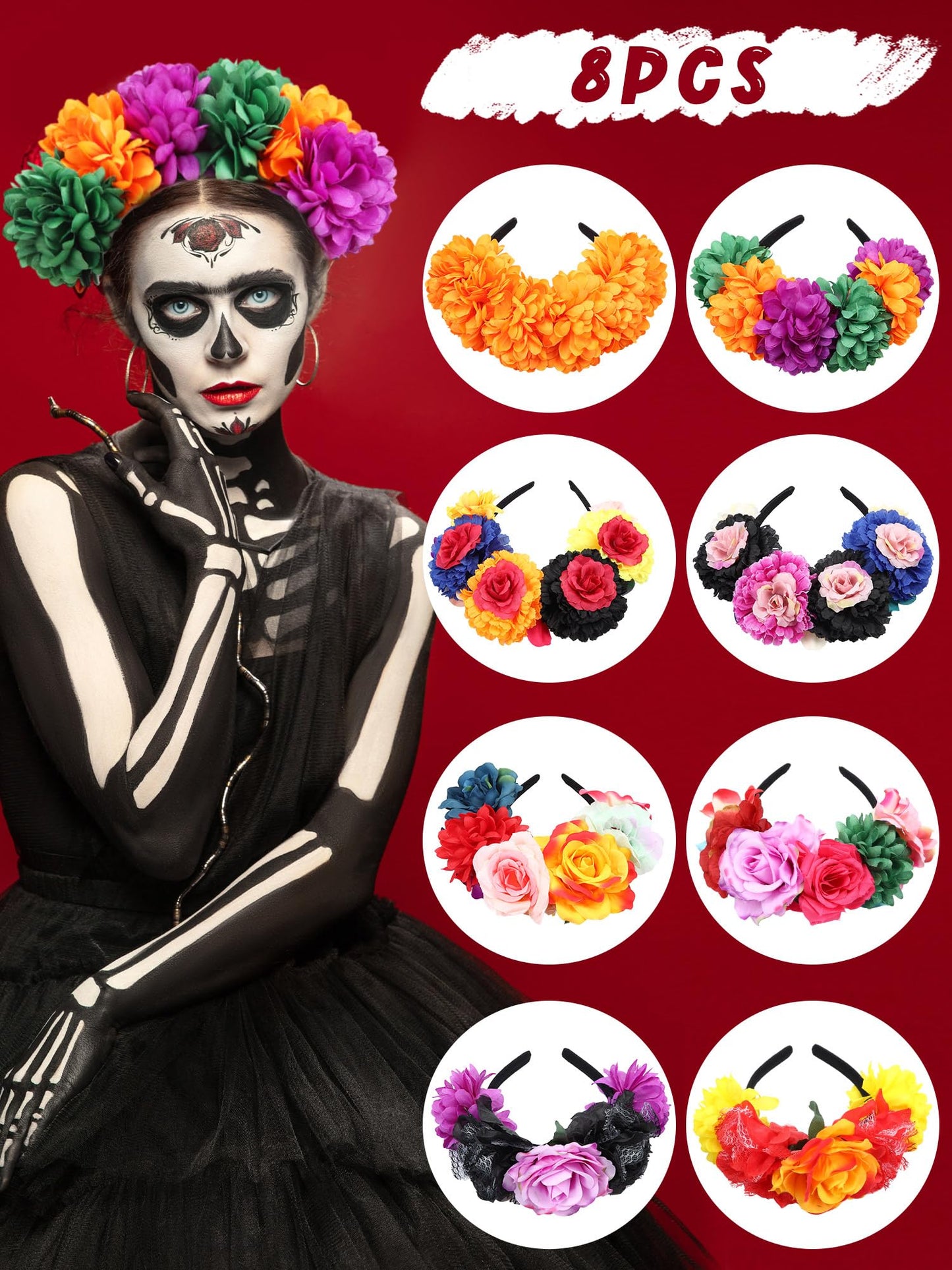 Zeyune Mexican Flower Headband Fiesta Rose Flower Crown Costume Mexican Headpiece for Women Party Cosplay Halloween(Bright Color,8 Pcs)