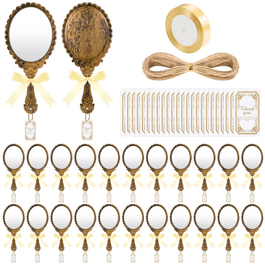 IWOLOMI 24 Set Vintage Hand Held Mirrors with Handle Large Handheld Compact Mirror with Ribbon and Thank You Tags Travel Mirror Compact Makeup Mirror for Wedding Princess Quinceanera Party Favors