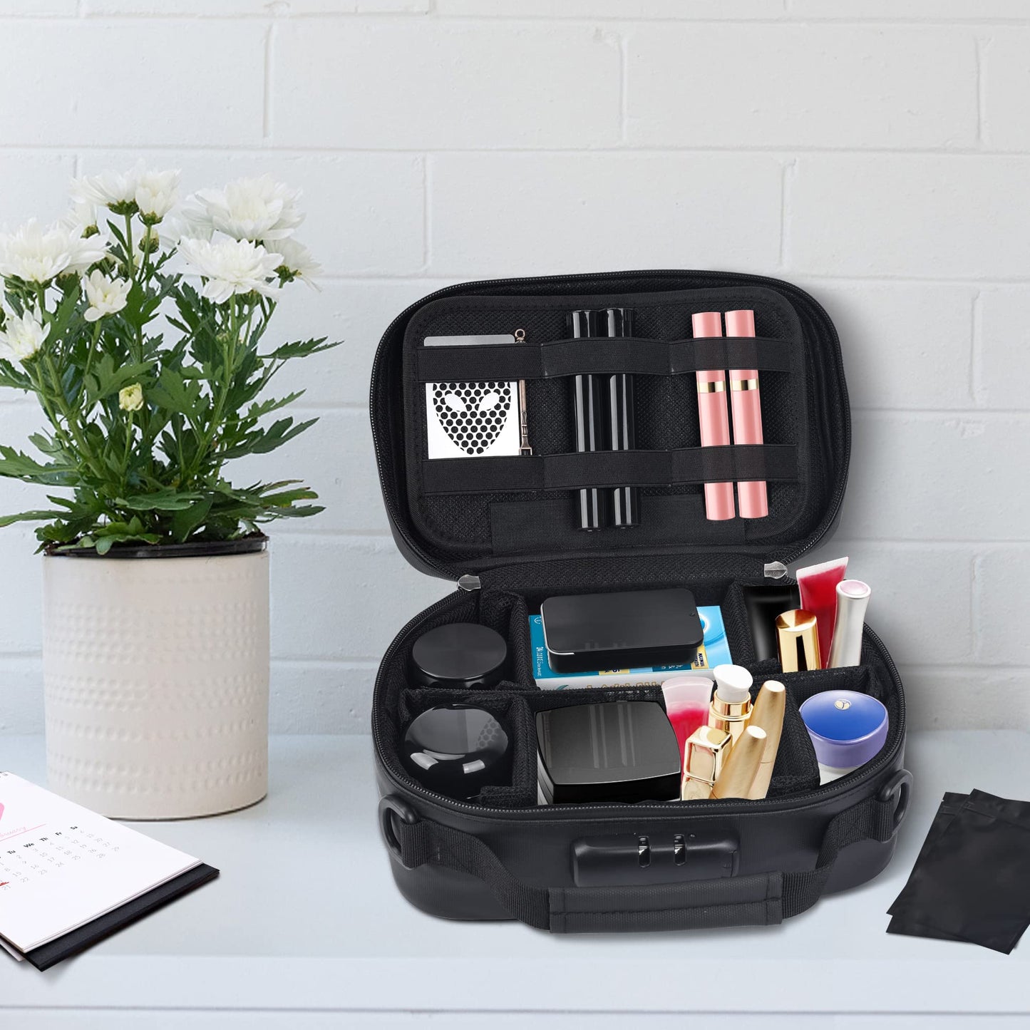 8pc Carbon Lined Pouches w/Accessories,Combo Lock Travel Case,Gift Black