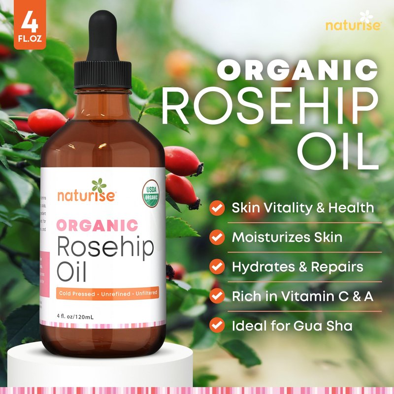 Naturise Organic Rosehip Seed Oil for Face, 100% Pure, Natural Cold Pressed Rose Hip Oil for Skin, Hair, Nails and Body Care (4 FL. OZ.)