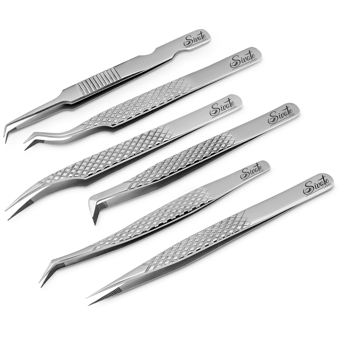 SIVOTE Eyelash Extension Tweezers Fiber Tips Japanese Steel, Set of 6 – Curved, Dolphin, 90° 45° Volume Boot & Slight Curved Tweezer – Professional Lash Tweezers for Lash Extensions Silver