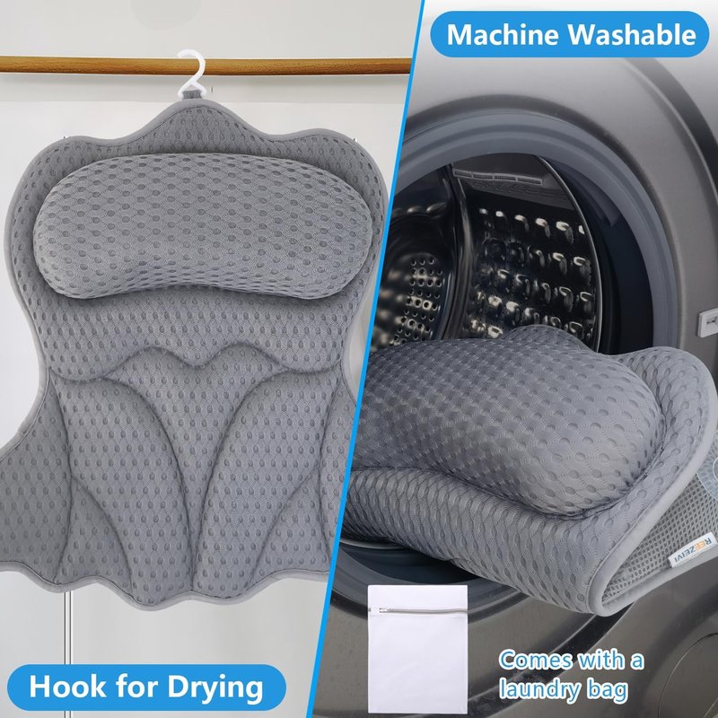 Bath Pillows for Tub - Extra Thick 4D Mesh Fabric with 6 Non-Slip Suction Cups | Grey Neck and Back Support