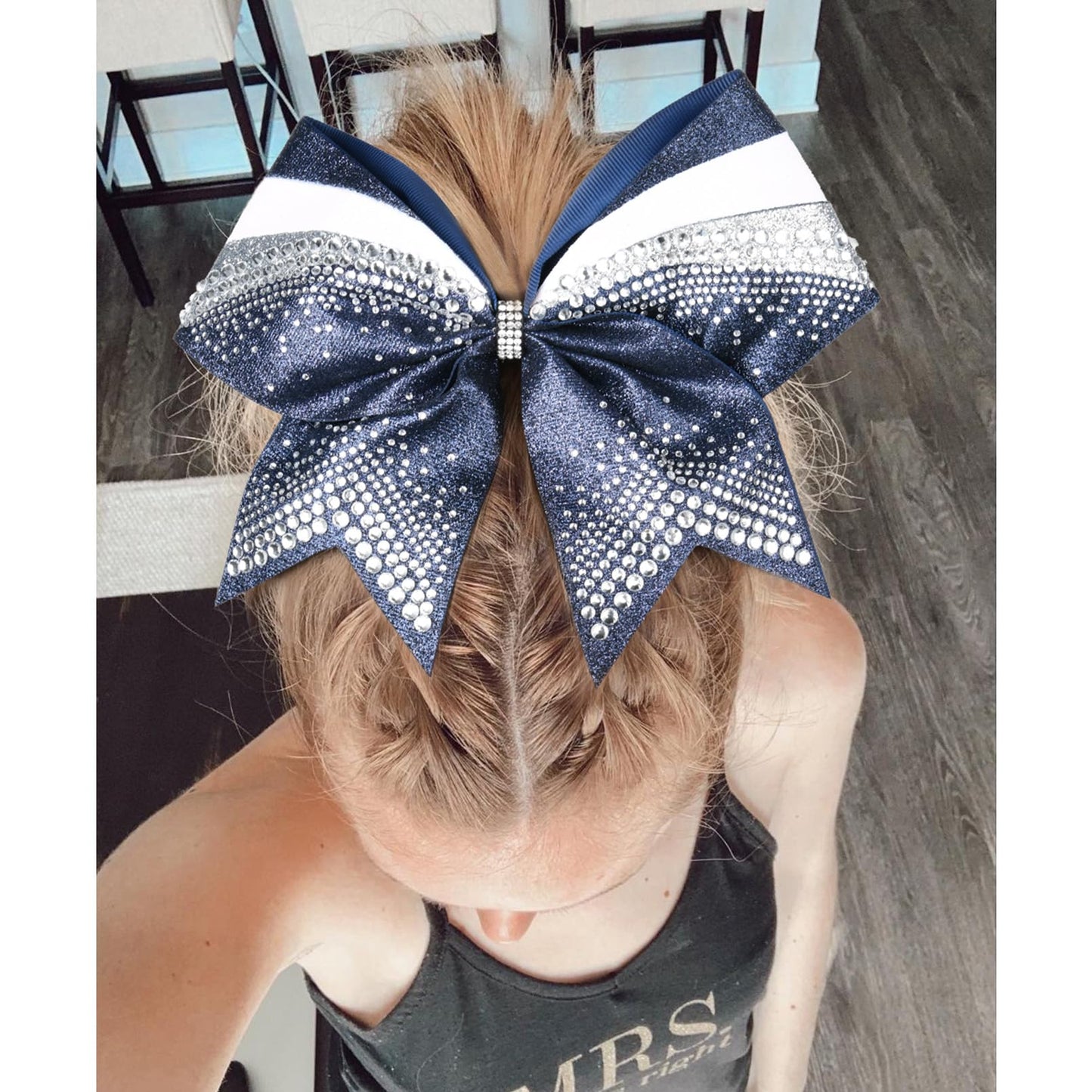 DEEKA 6 PCS 7" Large Glitter Cheer Bows with Shiny Rhinestones Three Color Stiff Hair Bows Elastic Band Ponytail Holder for for Cheerleaders Softball Girls Sports -Navy/Silver/White