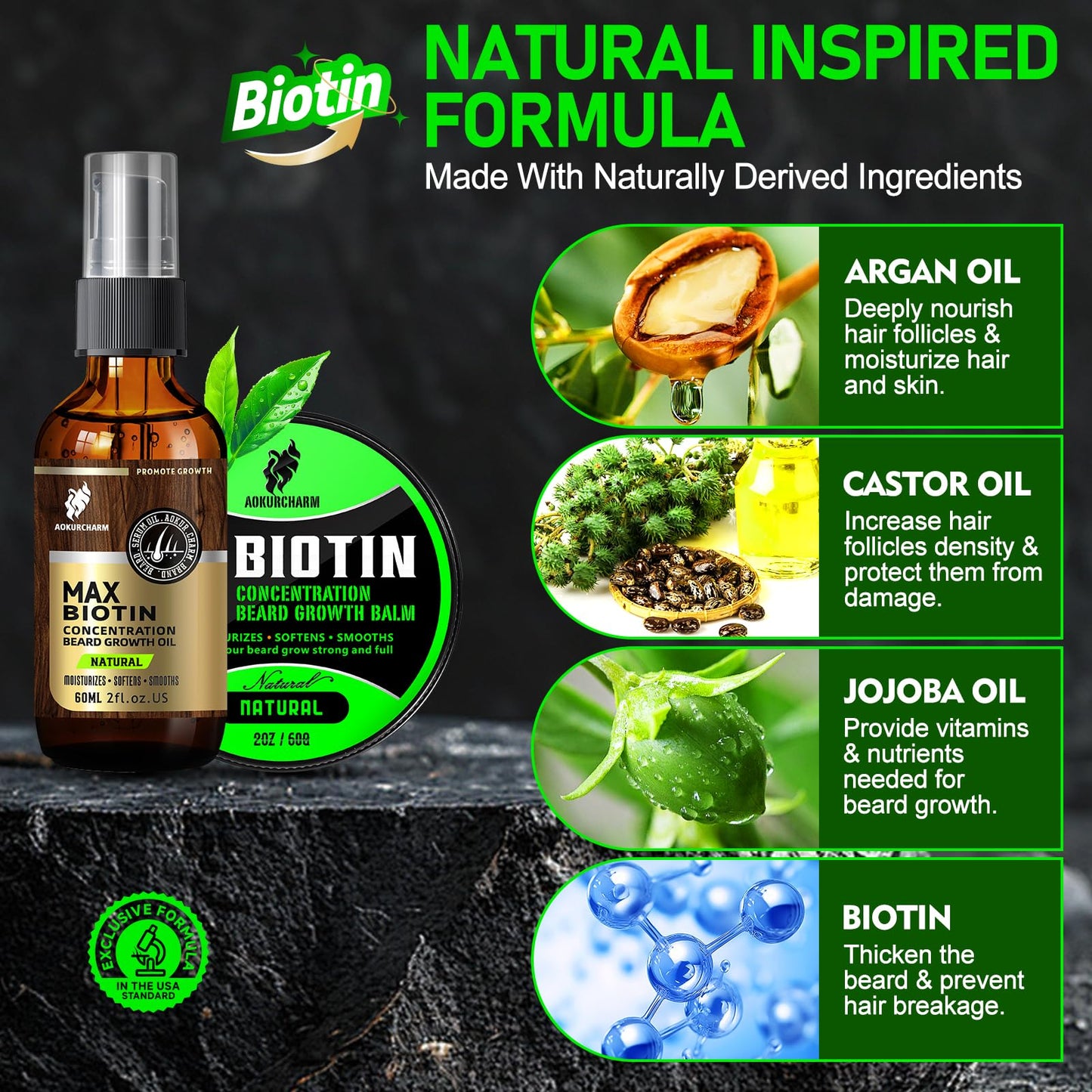 aokur 2 Pack Biotin Beard Growth Kit for Men – Unscented Beard Oil & Balm – Beard Care Set for Growth, Softening & Styling – Gift for Father’s Day & Christmas
