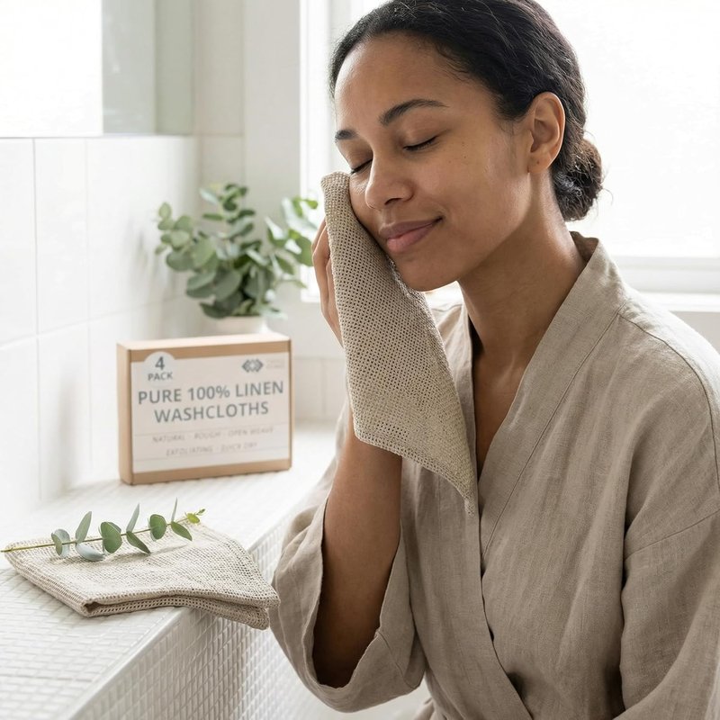 Linen Exfoliating Washcloths - 100% Flax Linen Face Towels | 12x12-Inch 4-Pack for Gentle Skin Care