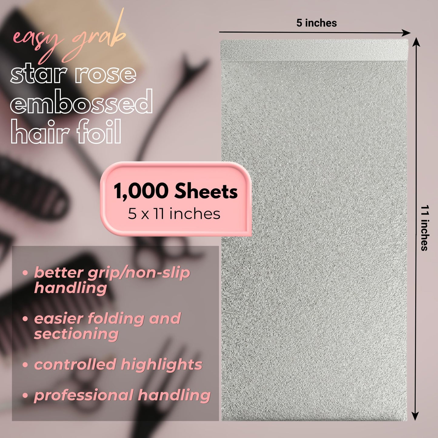 Foilman Pre-Cut Silver Pop-Up Hair Foil, Star Rose Embossed Foils for Highlighting, Aluminum Hair Foil Sheets - 5 x 11 Inch- 2 Pack (1000 Sheets)