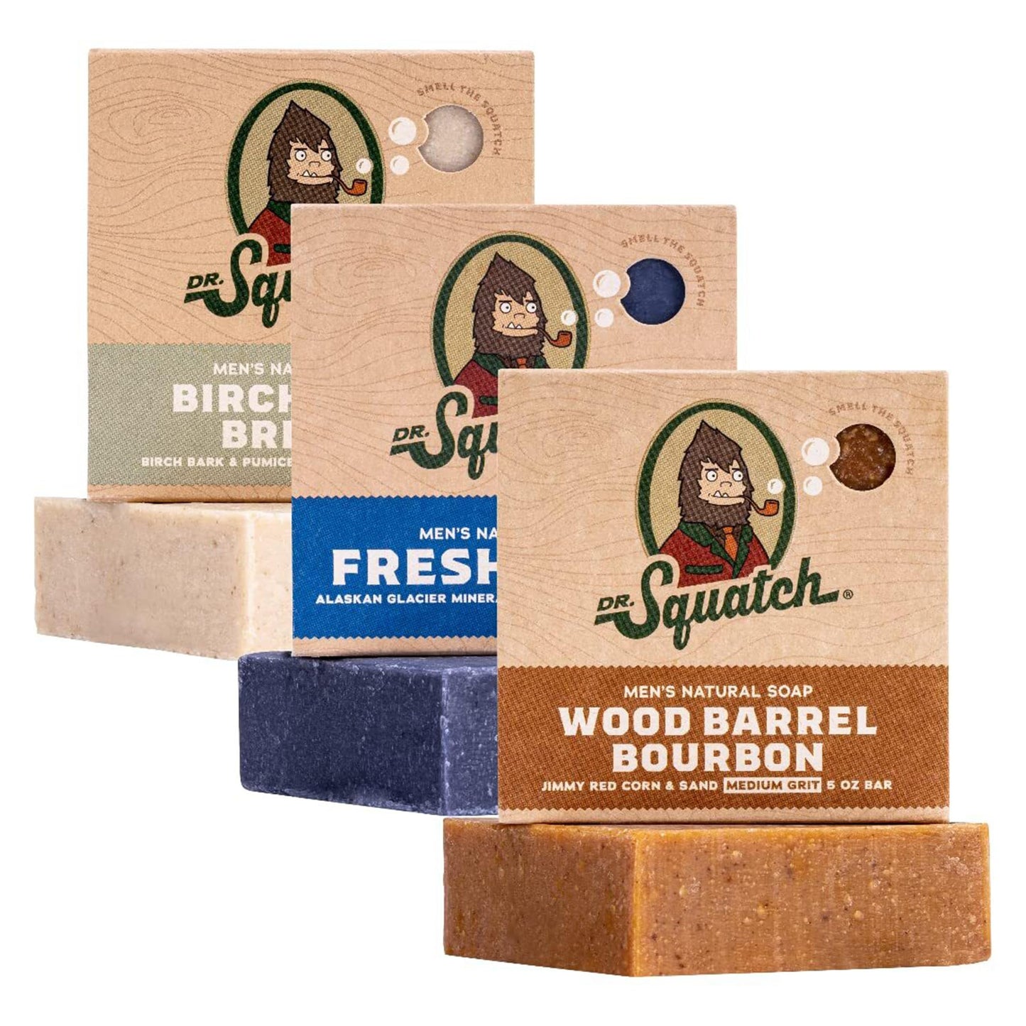 Dr. Squatch Natural Men’s Bar Soap - Cold Process Body Soap Bar with Natural Oils - Gifts for Men - Birchwood Breeze, Fresh Falls & Wood Barrel Bourbon (5 oz, 3-Pack)