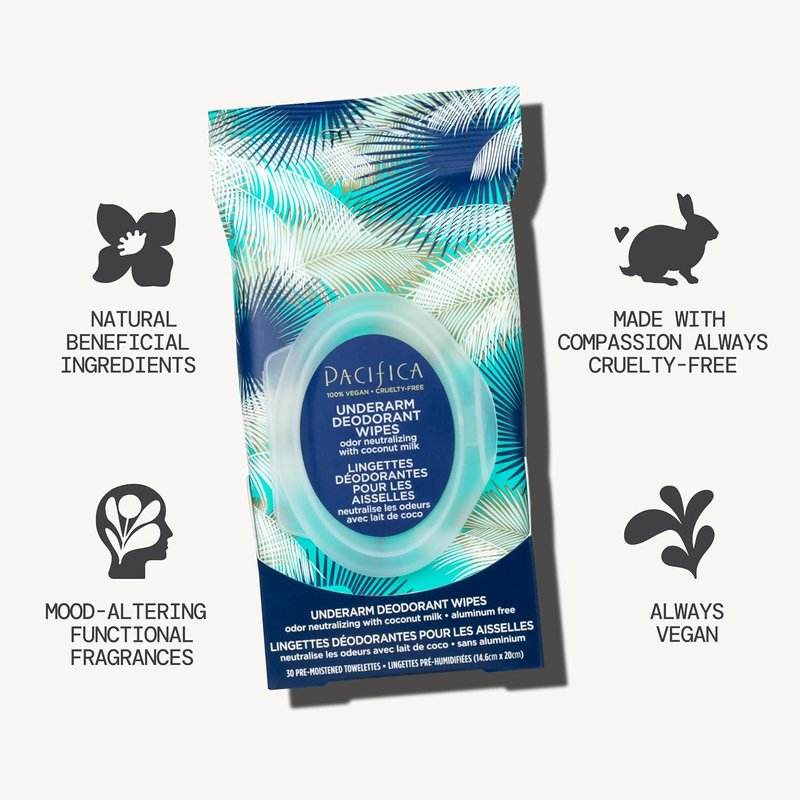 Pacifica Coconut Milk Deodorant Wipes - Aluminum-Free, Vegan, 30 Wipes (4-Pack)