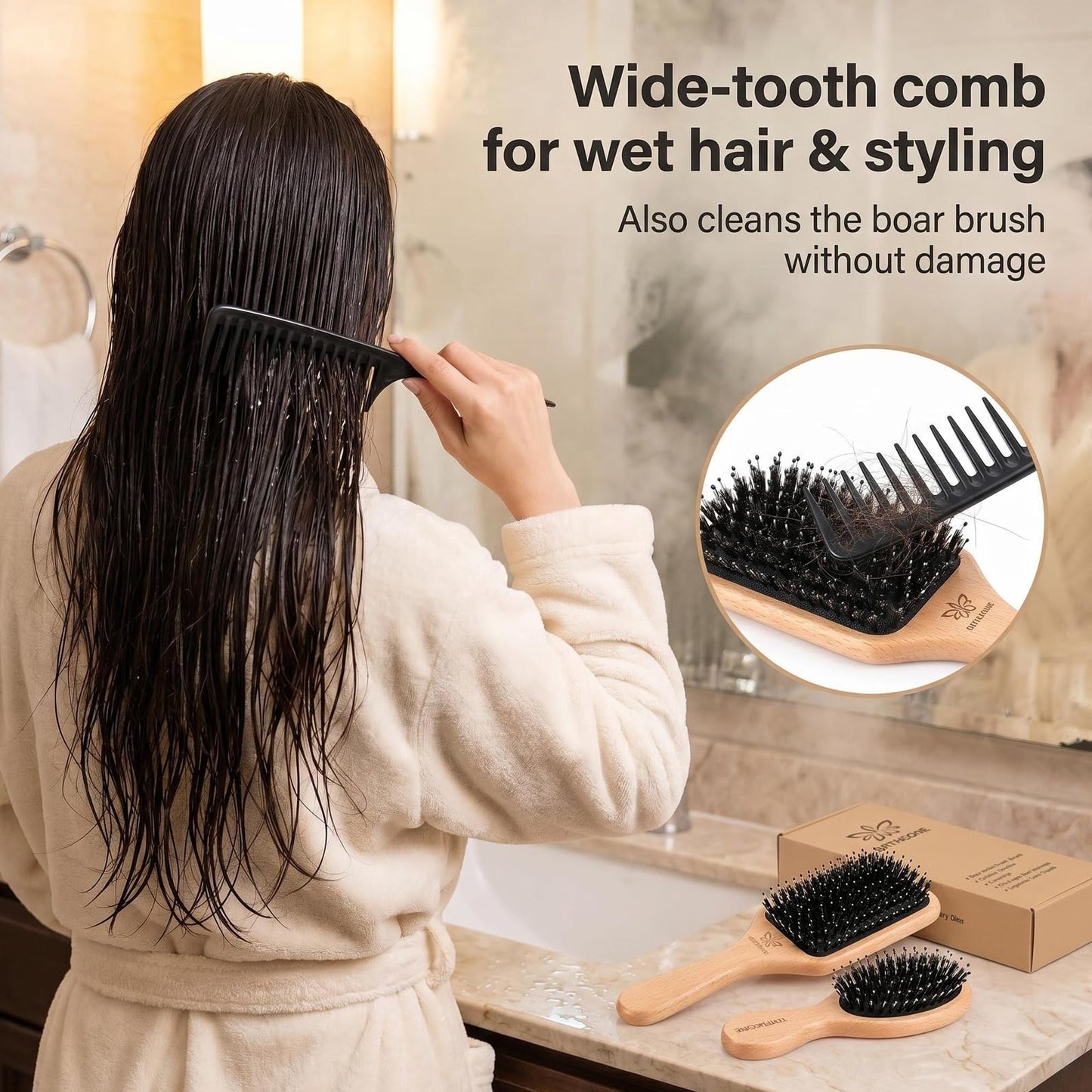 Boar Bristle Hair Brush and Comb Set for Women Men Kids, Best Natural Wooden Paddle Hairbrush and Small Travel Styling Brush for Wet or Dry Hair Detangling Smoothing Massaging