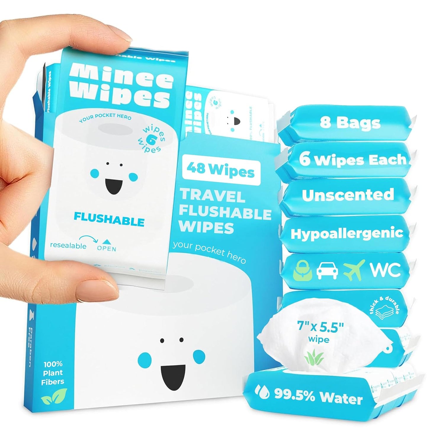 Travel Flushable Wipes - 99.5% Water & Aloe - Hypoallergenic & Unscented - 8 Pack of 48 Wipes for Adults & Kids