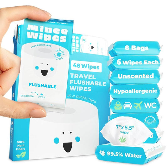 Travel Flushable Wipes - 99.5% Water & Aloe - Hypoallergenic & Unscented - 8 Pack of 48 Wipes for Adults & Kids