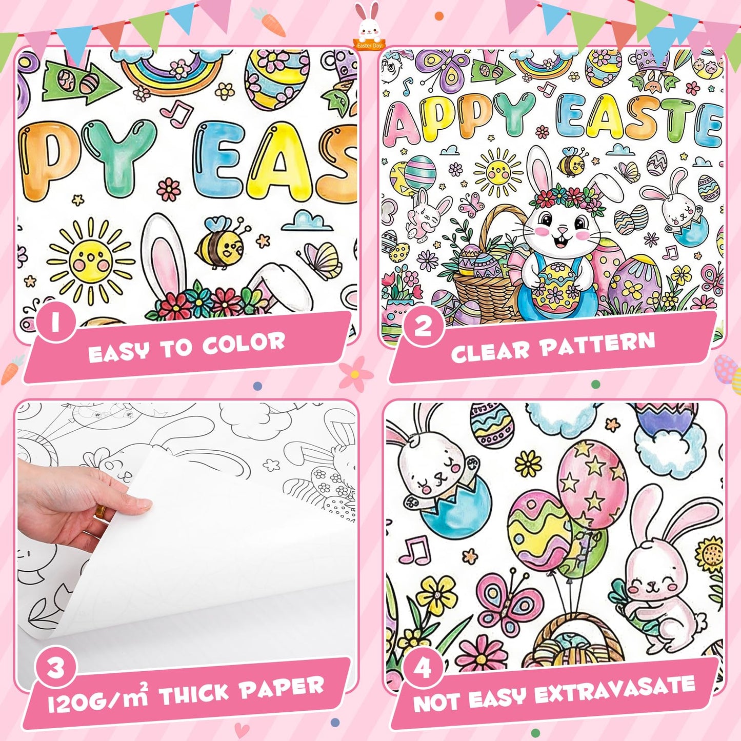 Easter Giant Coloring Poster/Tablecloth, 30 x 72 Inch Jumbo Craft for Kids Art Crafts Paper Banner Kids Games Activities,Coloring Tablecloth Crafts for Easter Classroom Wall School Home Parties