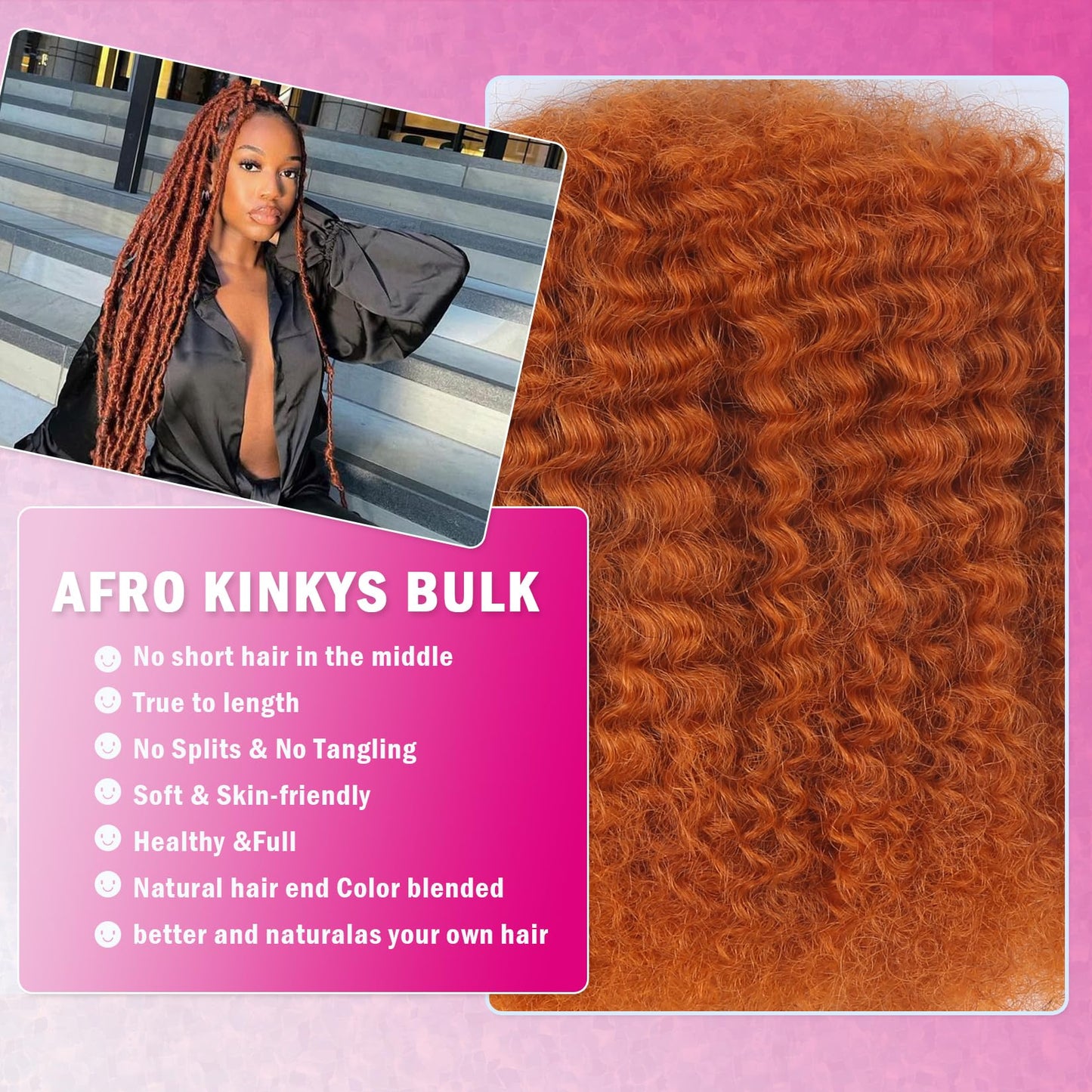 Afro Kinkys Bulk Human Hair For Braiding 18 inch Orange Ginger Afro Kinky Curly 100% Real Human Hair Bulk for Dreadlocks Mini Twist Crochet Braids Hair Extensions 50g