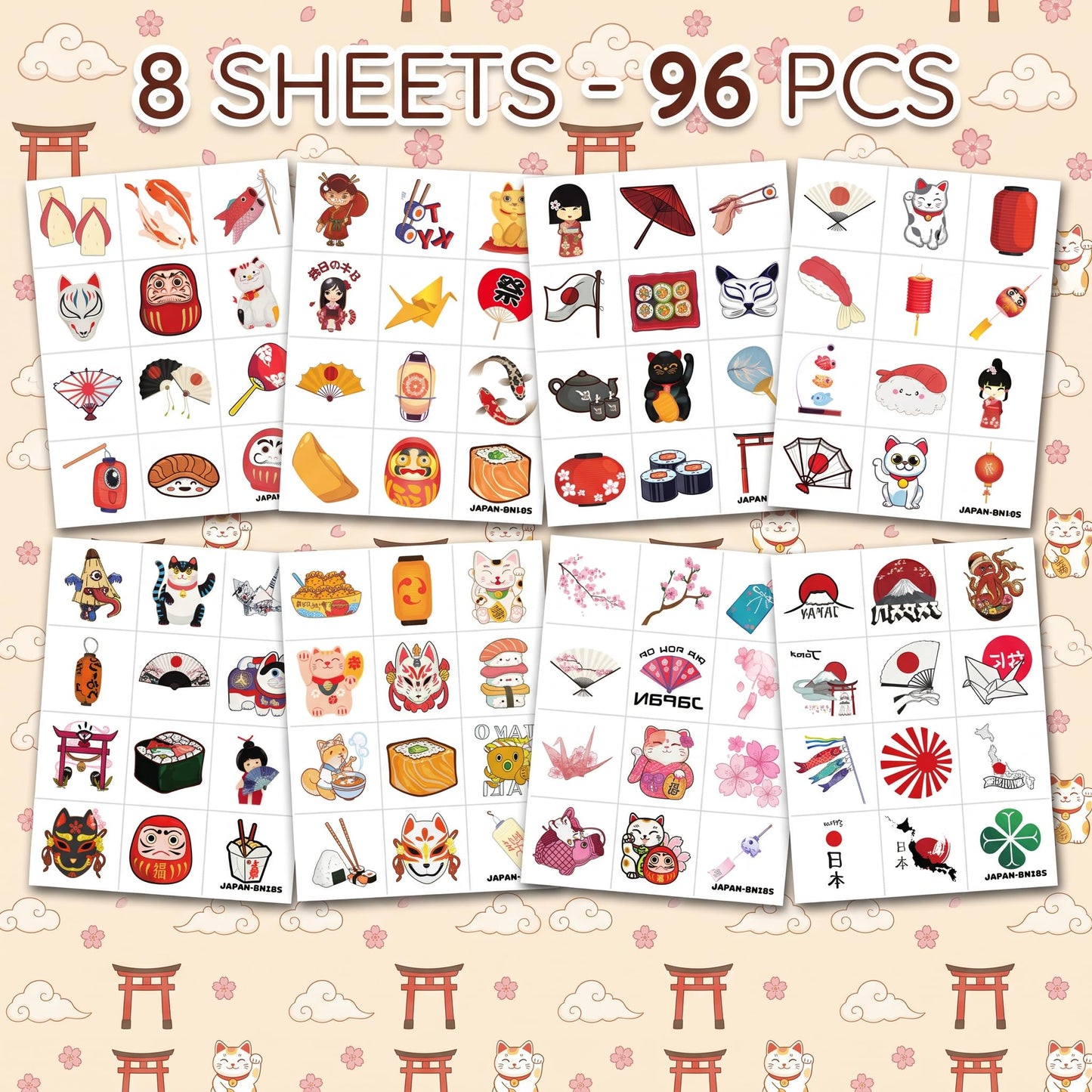 96PCS Japanese Temporary Tattoos Pre-Cut Themed Japan Birthday Party Decorations Decor Supplies Favors Sushi Lattern Tattoo Stickers Gifts For Boys Girls Kids School Prizes Carnival