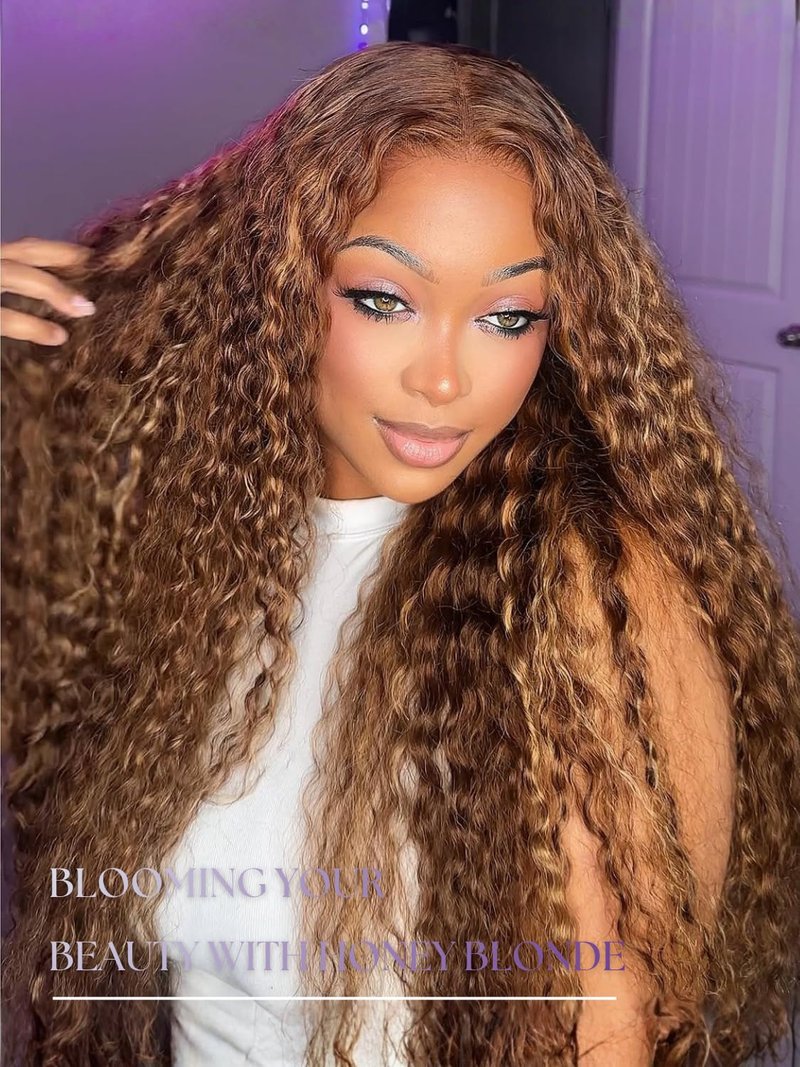 AUROO Honey Blonde Highlight Deep Wave Closure Only Human Hair, 100% Hand Tied 12A Brazilian Virgin 4x4 HD Transparent Lace Closure Pre Plucked P4/27 Ombre Brown Curly Lace Closure Sew In Remy 14 Inch