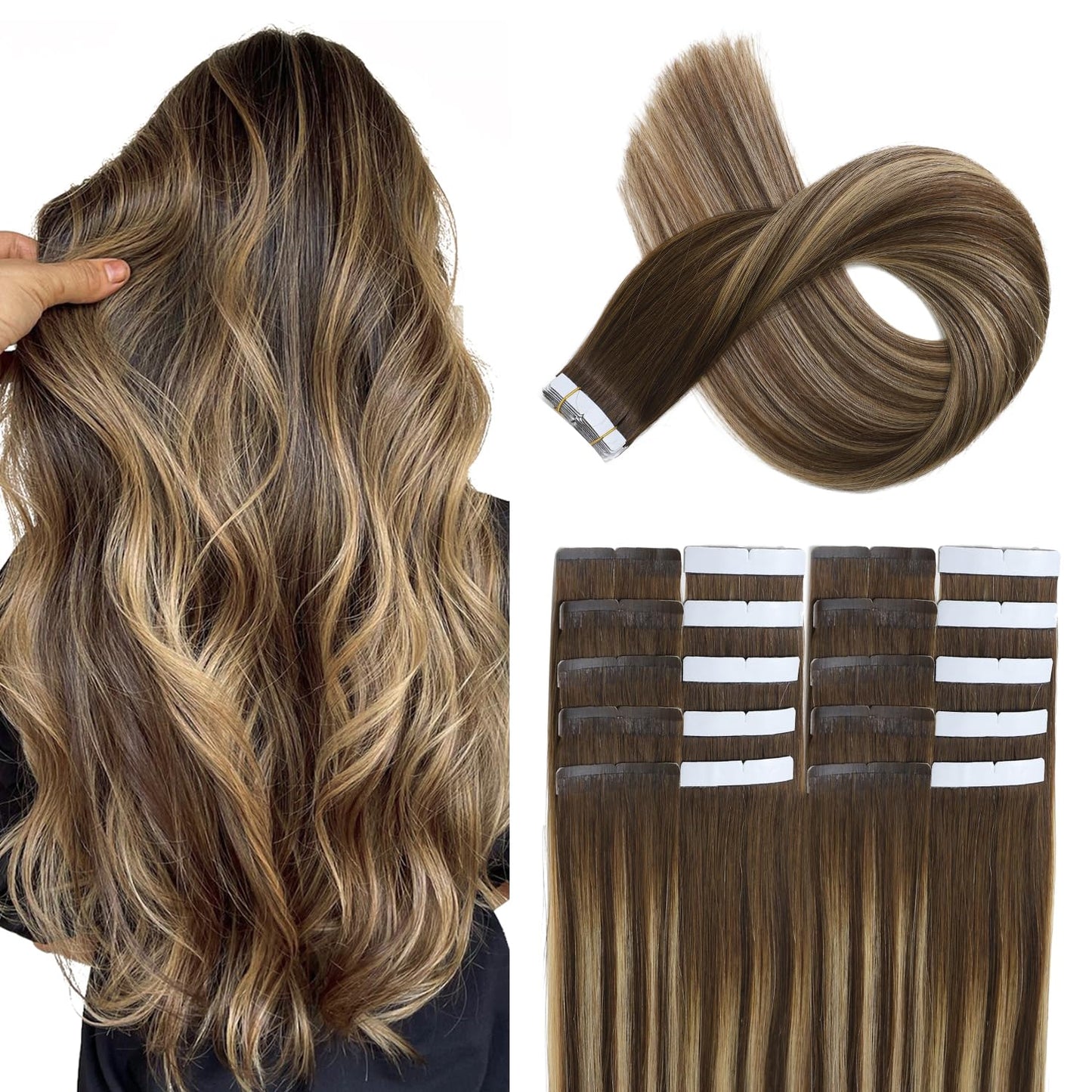 XDhair Tape in Hair Extensions Human Hair 20pcs 50g Balayage Chocolate Brown to Caramel Blonde with Chocolate Brown Roots Invisible Tape in Extensions for Women(14, #4/27/4)