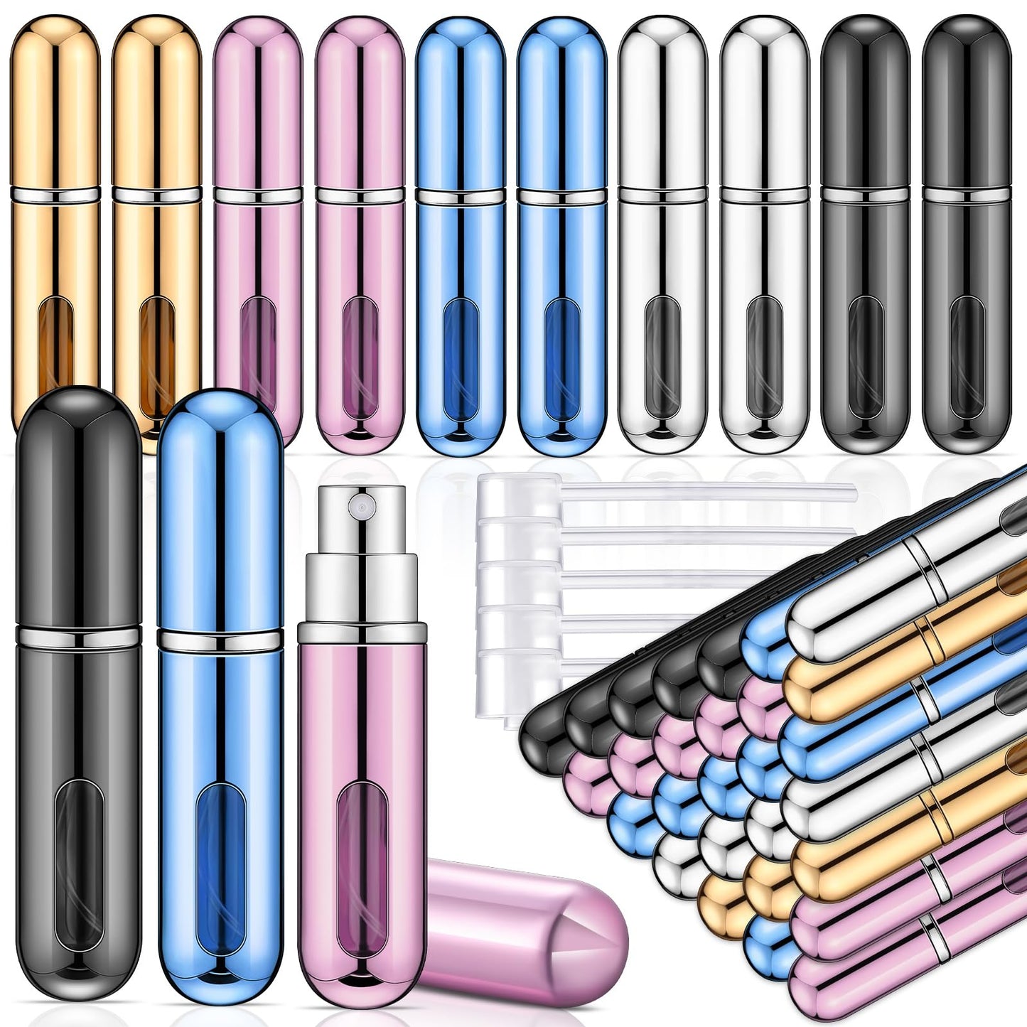 Gerrii 50 Pcs Travel Mini Perfume Refillable Portable Perfume Spray Bottle Perfume Pocket Perfume Dispenser with 20 Pcs Pump Accessories Essentials Spray Containers Scent Pump Case, 5ml (Multicolor)