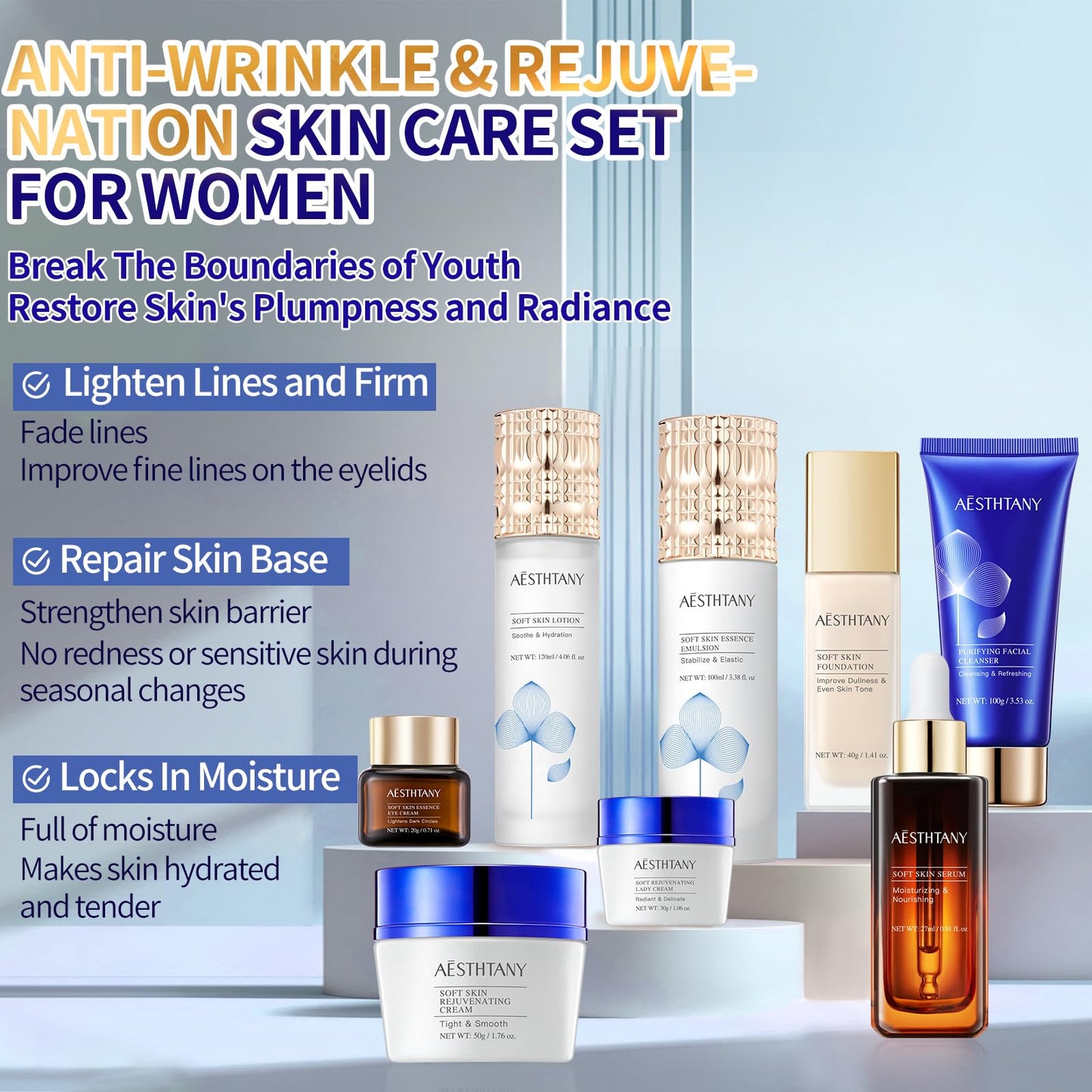 R RadiantRise Anti-Aging Skin Care Kit For Women Anti-Wrinkle Firming Skin Care Daily Routine Rejuvenating 8-In-1 Skincare Sets Gift Sets