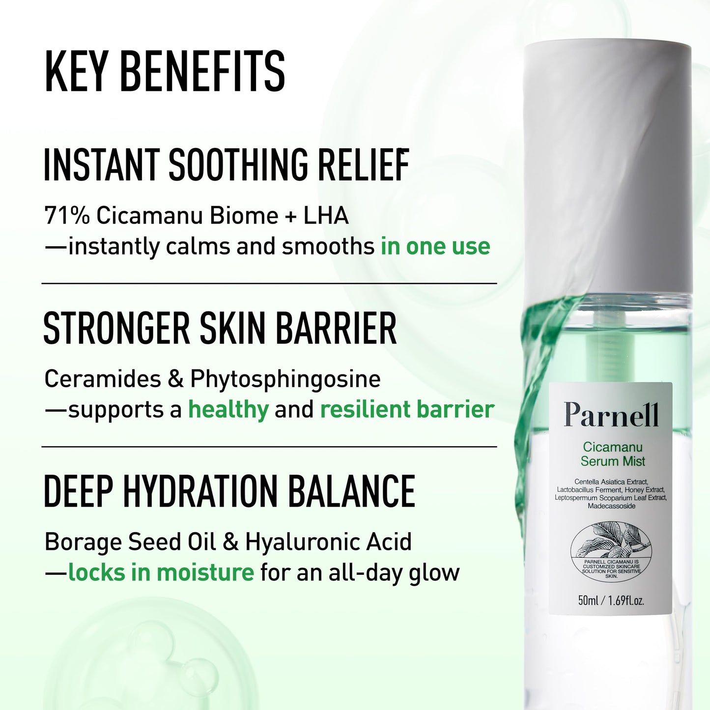 Parnell Cicamanu Serum Mist (1.69 Fl Oz) 50ml | Centella Asiatica, Ceramide & LHA | Dual-Layer Hydrating Face Mist for Glowing Skin | Soothing & Sebum Control | Korean Skincare