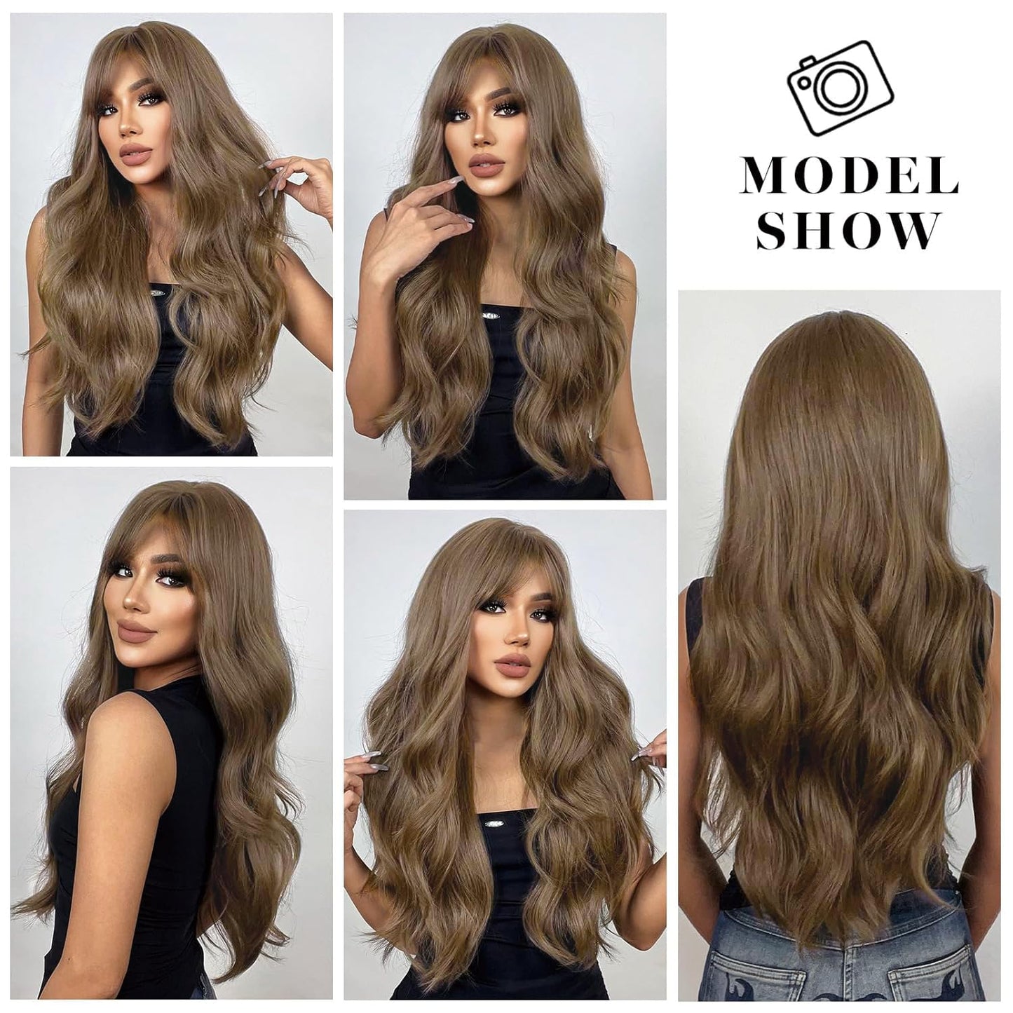 YOUGRACE Ombre Blonde Wig with Bangs Long Wavy Ombre Wigs for Women 26 Inch Curly Blonde Wigs with Dark Root Synthetic Heat Resistant Wigs for Daily Party Use