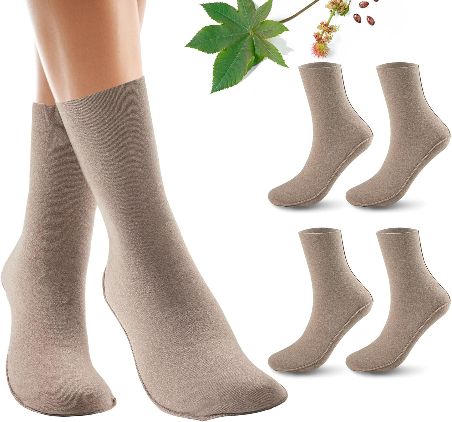 Castor Oil Pack Wraps for Feet - Organic Cotton, Reusable Mid-Crew Socks | Khaki, 2 Pack