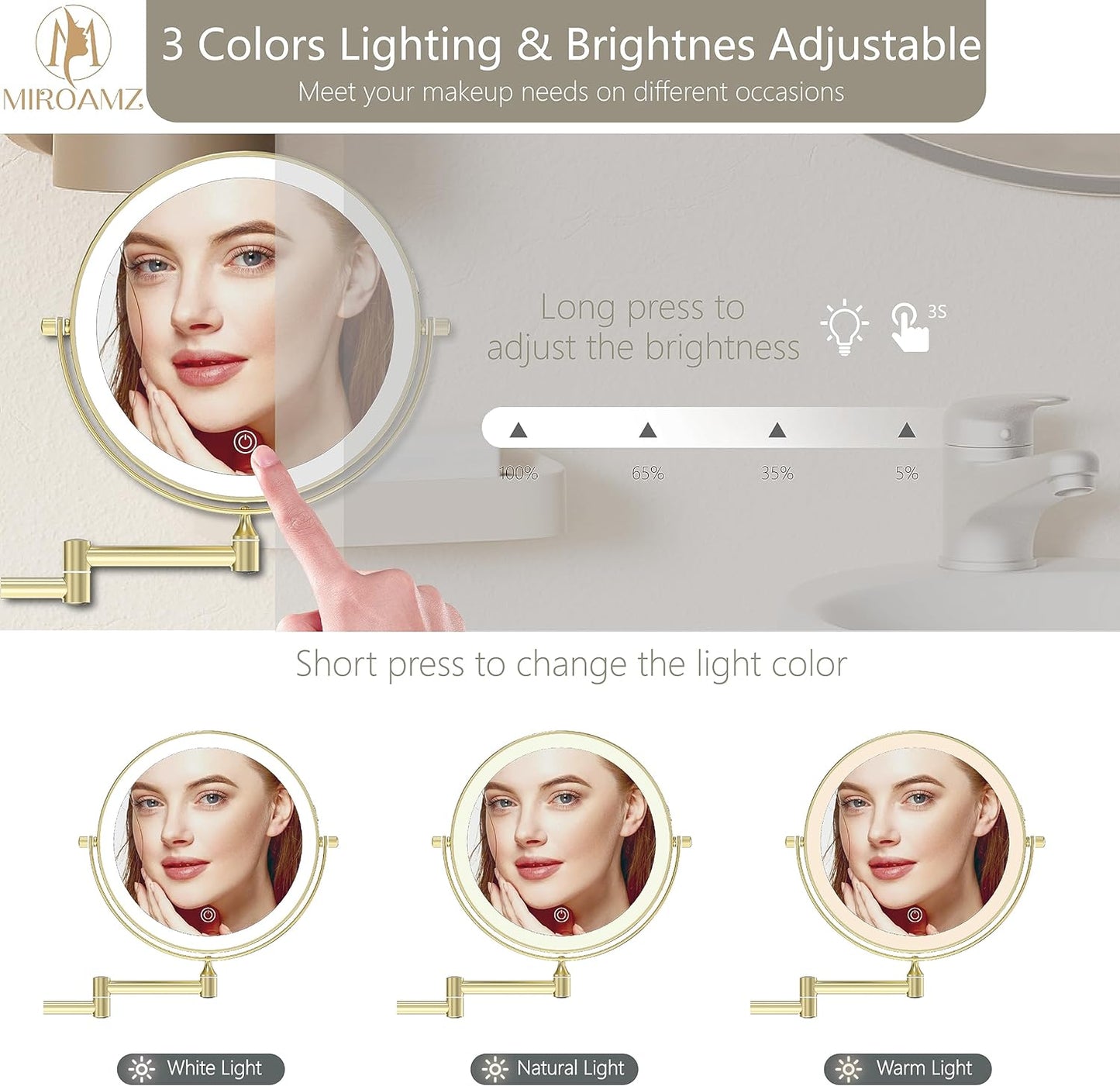 Lighted Makeup Vanity Mirror - 8 Inch Double-Sided 1X/10X Magnification | 3 Color Lighting, Touch Screen Dimming, 360° Rotation, Gold