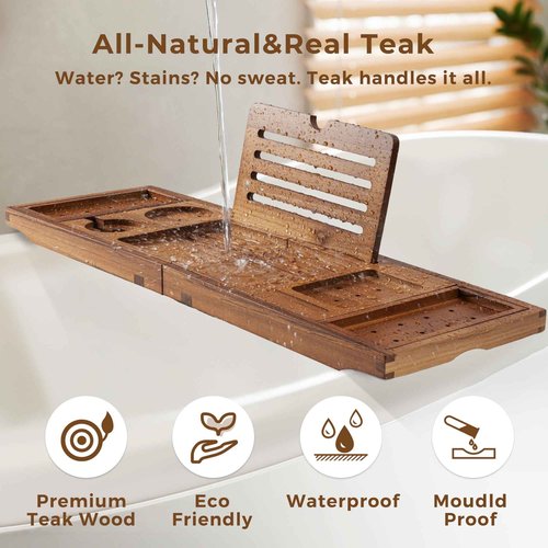 Teak Bathtub Tray Expandable Bathroom Tray for Home Spa Relaxation, Wooden Tray Caddy for Bathtub, Teak Bathtub Caddy as Unique Housewarming, Birthday, Wedding Shower Gifts (Natural Teak)
